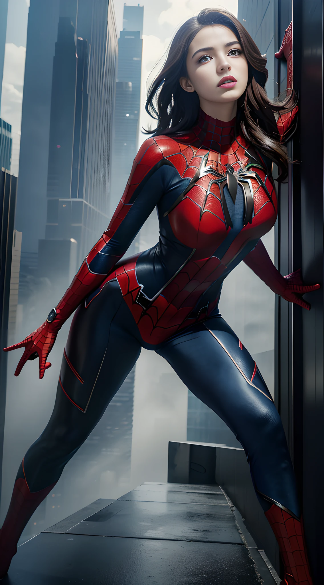RAW, Masterpiece, Super Fine Photo,, Best Quality, Ultra High Resolution, Photorealistic, Sunlight, Full Body Portrait, Stunningly Beautiful, Dynamic Poses, Delicate Face, Vibrant Eyes, (Side View) , she is wearing a futuristic Iron Lady Spiderman costume, very detailed background, detailed face, detailed and complex busy background, messy, gorgeous, milky, high detailed skin, realistic skin details, visible pores, sharp focus, Volumetric fog, 8k uhd, dslr, high quality, film grain, fair skin, photorealism, lomography, sprawling metropolis in a futuristic dystopia, view from below, translucent