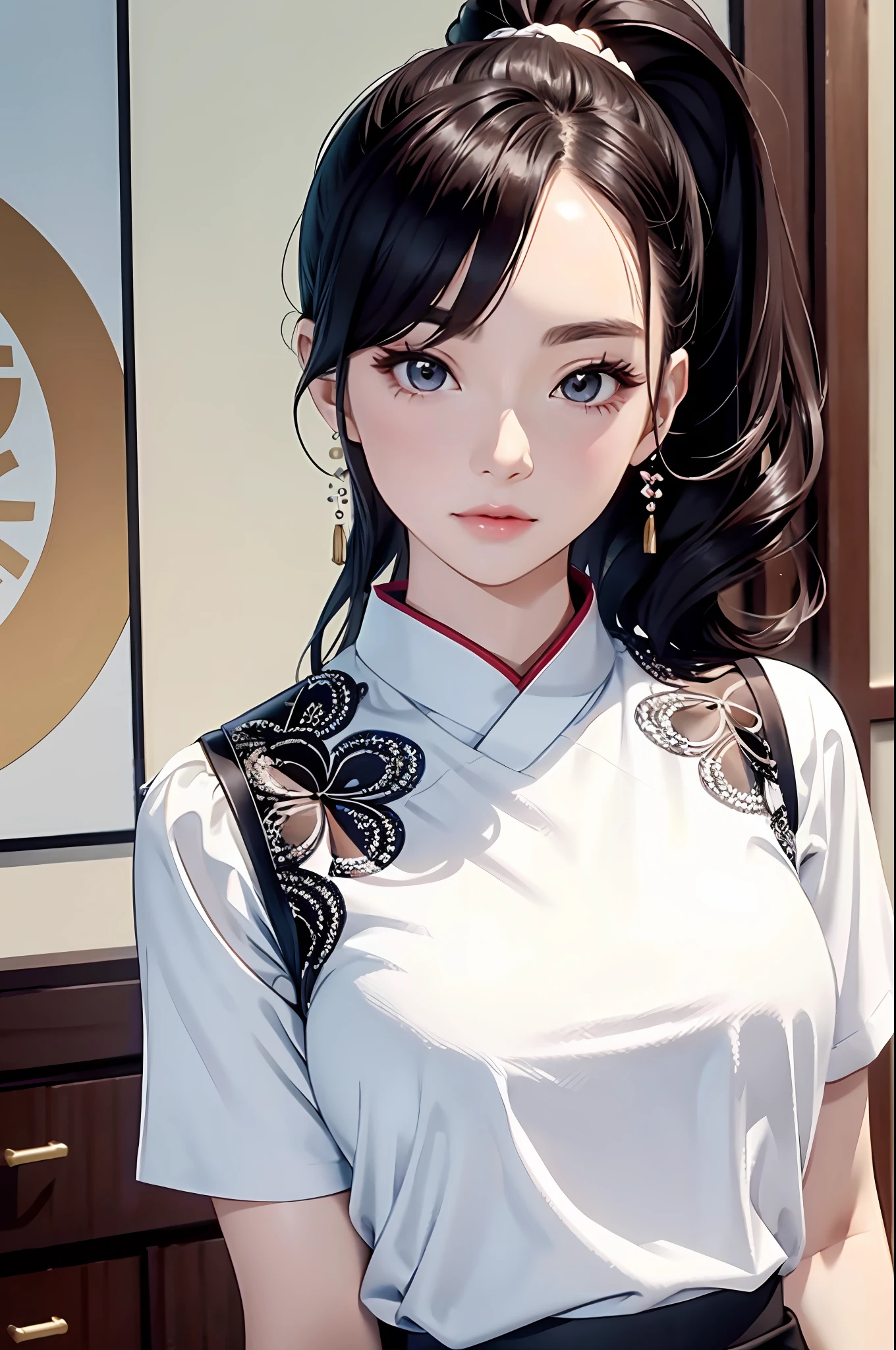 a close up of a woman with a ponytail in a white top, beautiful south korean woman, gorgeous young korean woman, korean girl, beautiful asian girl, beautiful young korean woman, gorgeous chinese model, chinese girl, korean woman, japanese model, dilraba dilmurat, beautiful asian woman, xision wu, wenfei ye, a cute young woman