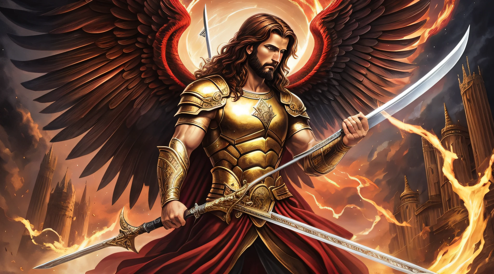 There is a painting of a man holding a sword and a scale, Red Clothes, St. Michael Angel, Archangel Michael, Jesus Christ fighting Lucifer, angel versus devil, Greek myth digital painting, Lucifer, Archangel, Devil versus angel, angel protecting man, fan art, the tarot card of justice, epic biblical depiction, Eros and Thanatos, angels vs demons, good vs bad, --auto --s2