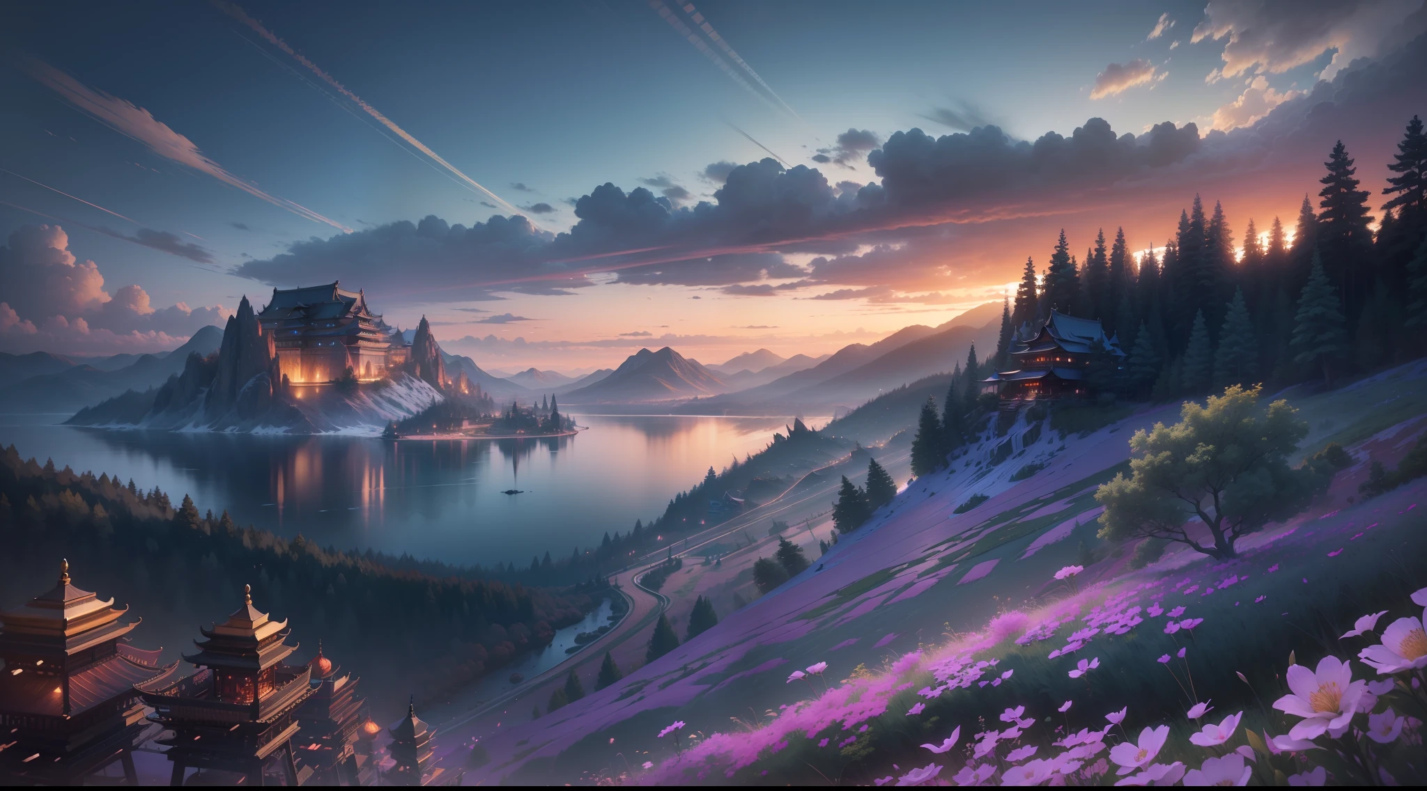 Masterpiece, best quality, high quality, extremely detailed CG unity 8k wallpaper, outdoor, sky, clouds, night, no humans, mountain, chinese style palace sits on the hillside, moonlight, cinemagraph, landscape, water, trees, dark sky, waterfall, cliff, nature, lake, river, cloudy sky, award winning photography, bokeh, depth of field, hdr, bloom, chromatic aberration, photorealistic, highly detailed, trending on artstation, trending on CGsociety, intricate, high detail, dramatic, halfway art