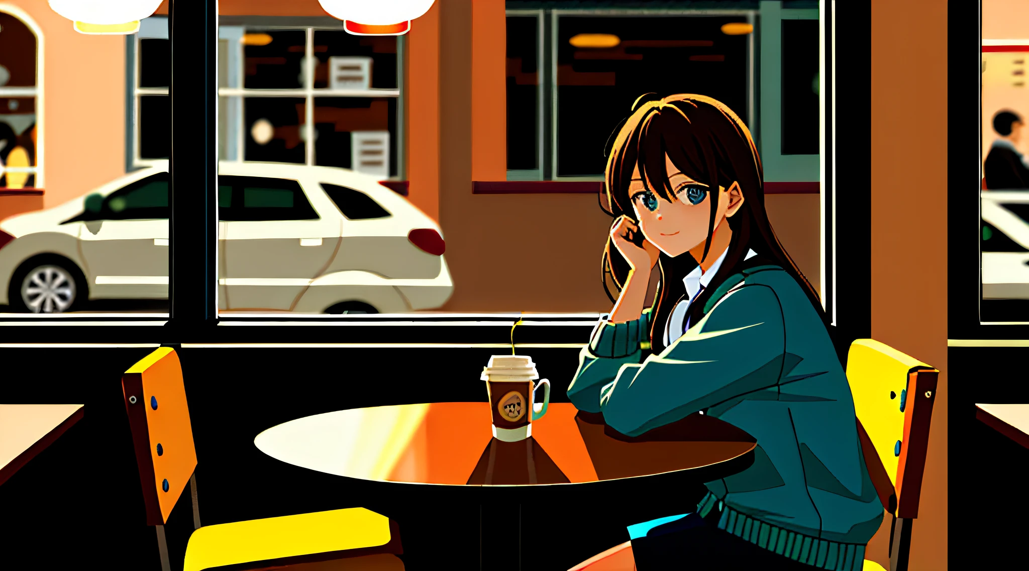 Portait of a woman sat in a coffee shop, shot through a window,
