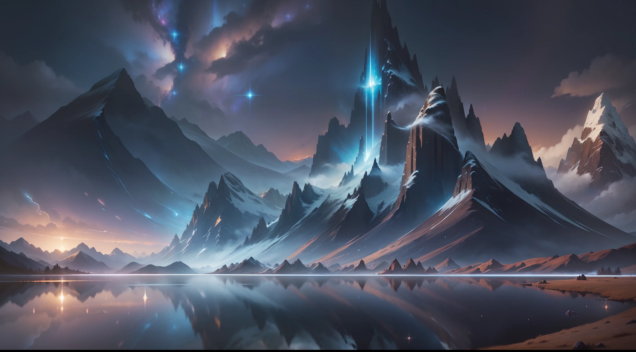 Starry Sky with Mountains and Lake, Jessica Rossier, Inspired by Jessica Rossier, Jessica Rossier Fantasy Art, Concept Art Magic Highlights, Official Artwork, Dream Painting, Ethereal Realm, Atmospheric artwork, dreamy matte paintings, serene endless stars inspired by Ted Nasmith, moonlit starry environments, epic music album covers.
