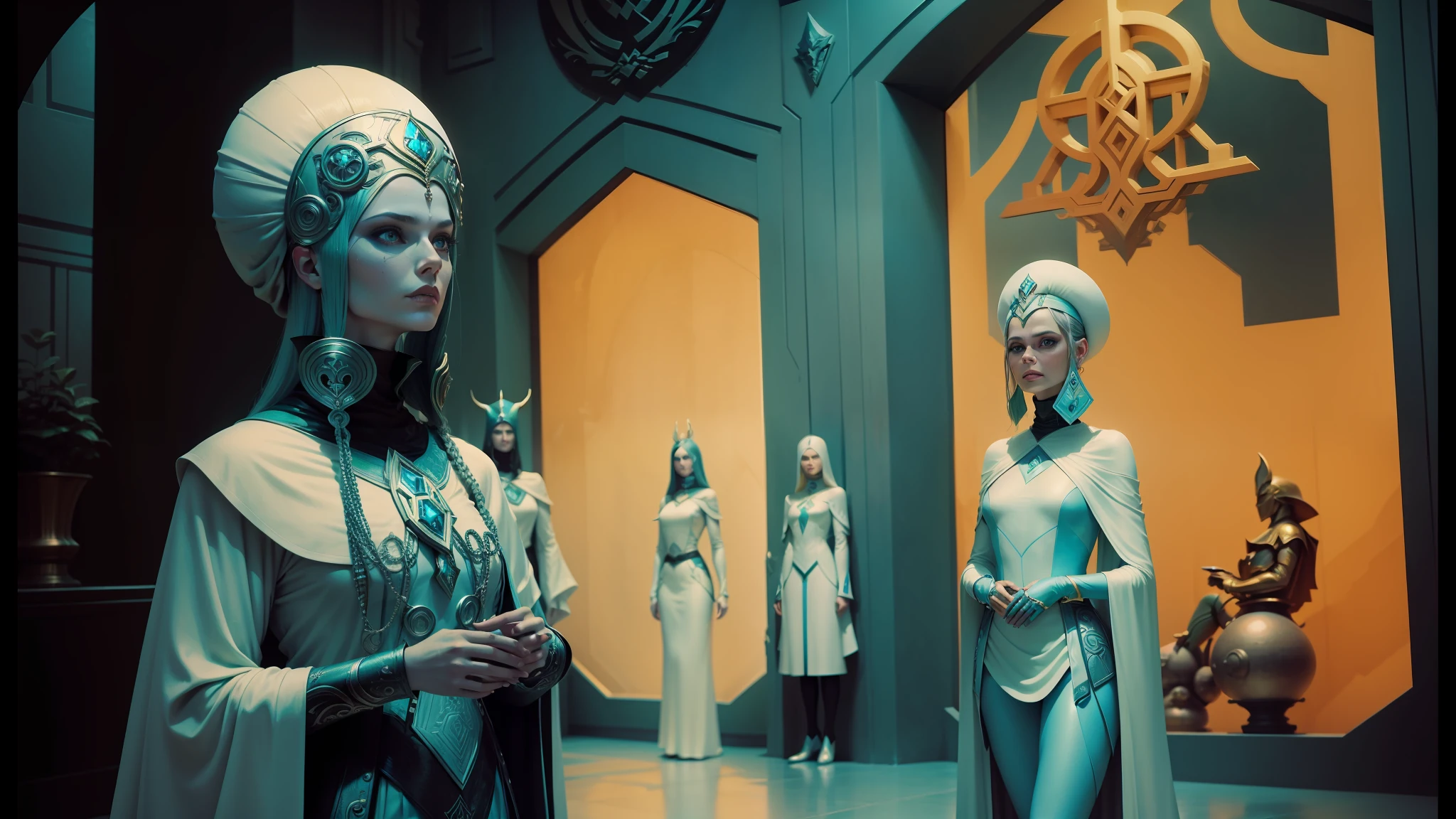 there are two statues of women dressed in costumes in a room, jodorowsky's dune, still from loki ( 2 0 2 1 ), elfpunk, g cgsociety, steven meisel, fashwave, still image from the movie, elize theron, panoramic anamorphic, white russian clothes, by Kamāl ud-Dīn Behzād --auto --s2