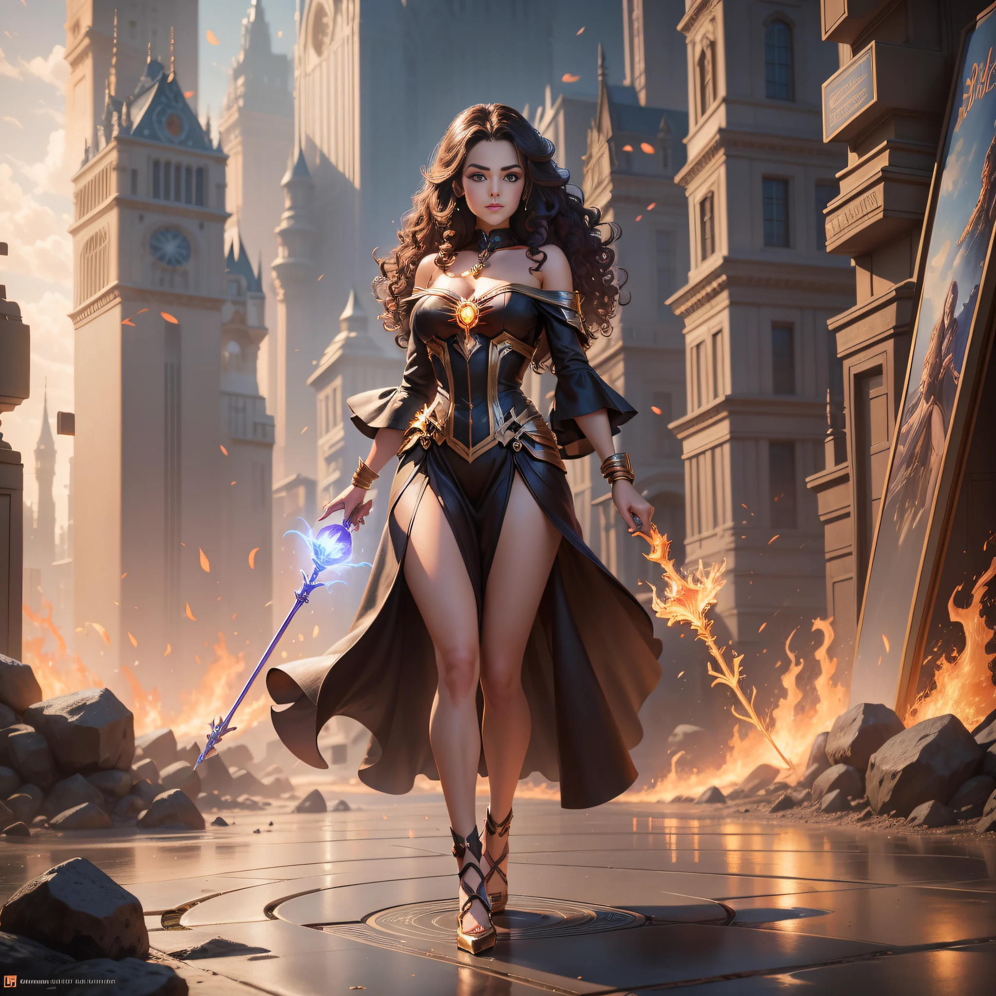 Modern Disney style, beautiful brunette with beautiful (curly hair), (full body portrait), highly detailed hands (five fingers, hand holding magic scepter, fireball, flame), daylight, magical world background, WLOP, Rossdraws, art station, CGSociety, concept art, cgsociety, octane rendering, trends in art station, art station hd, art station headquarters, unreal engine, 4k, 8k