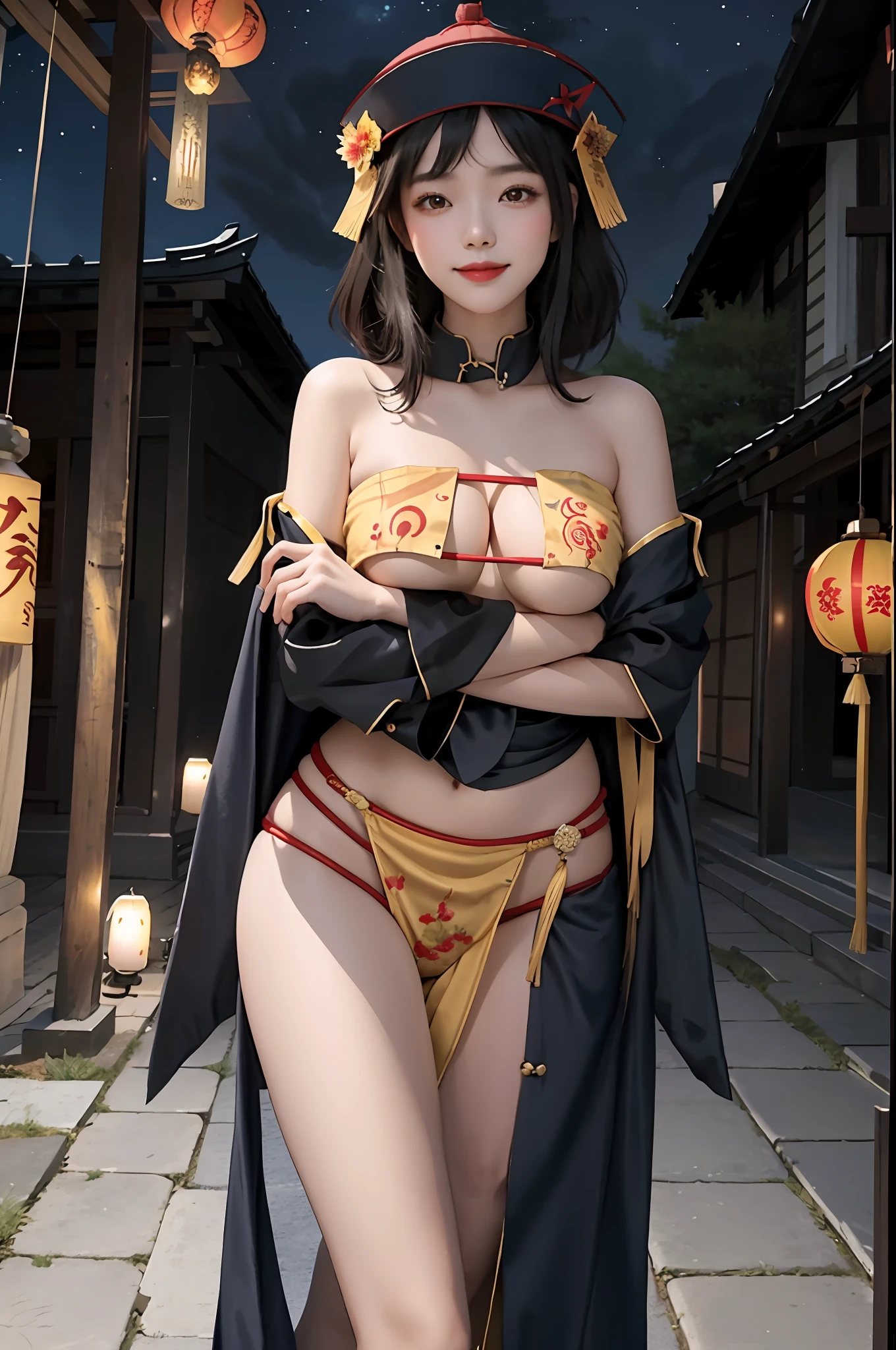masterpiece,1girl,solo,black hair,underboob, hat, light_smile, ofuda, china dress, crossed arms, full body, outdoors, hanging lantern, night, higashi setsuna,