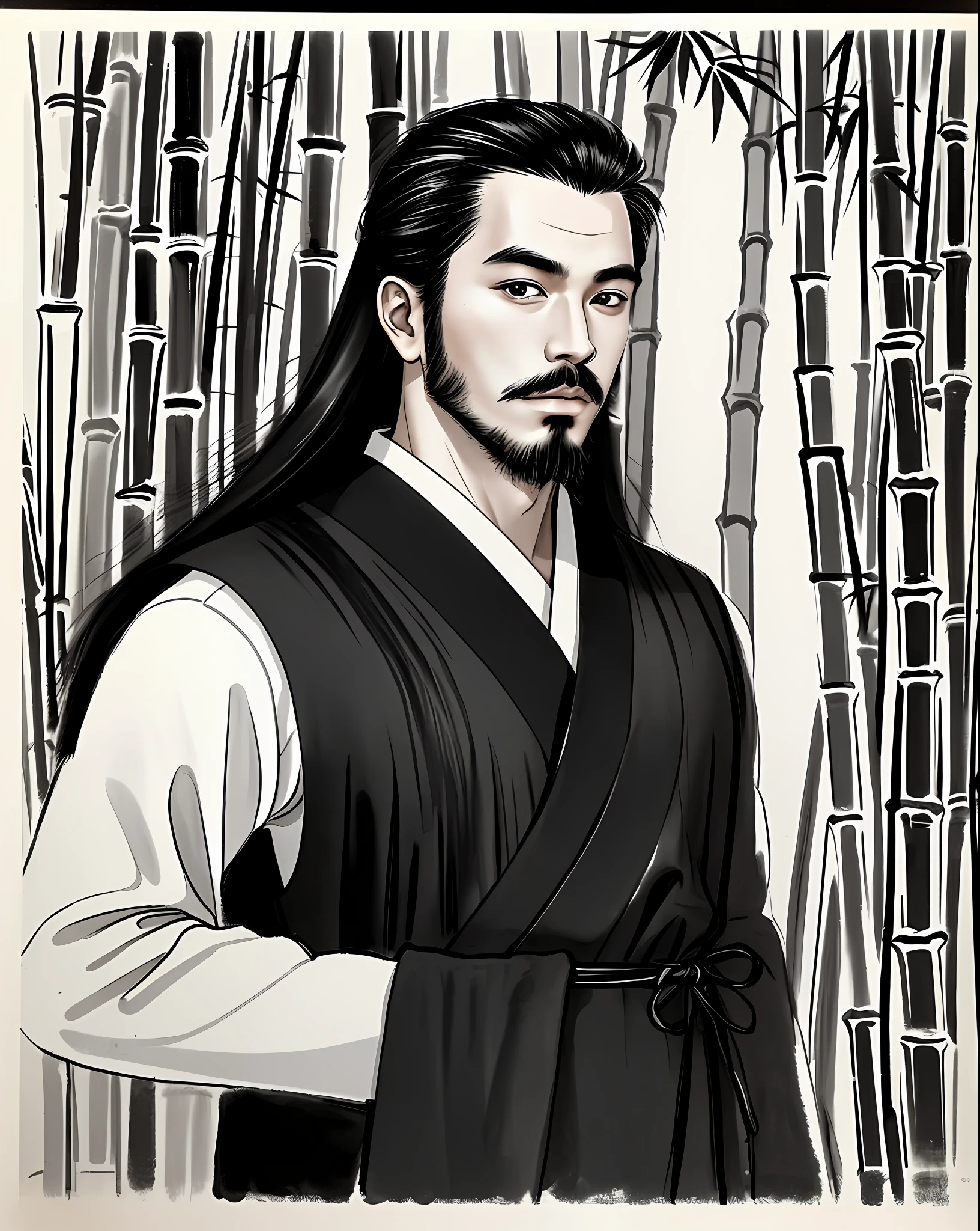 zydink, monochrome, ink sketch, 1boy, (asian man), facial hair, upper body, black long hair, black eyes, hanfu, bamboo background