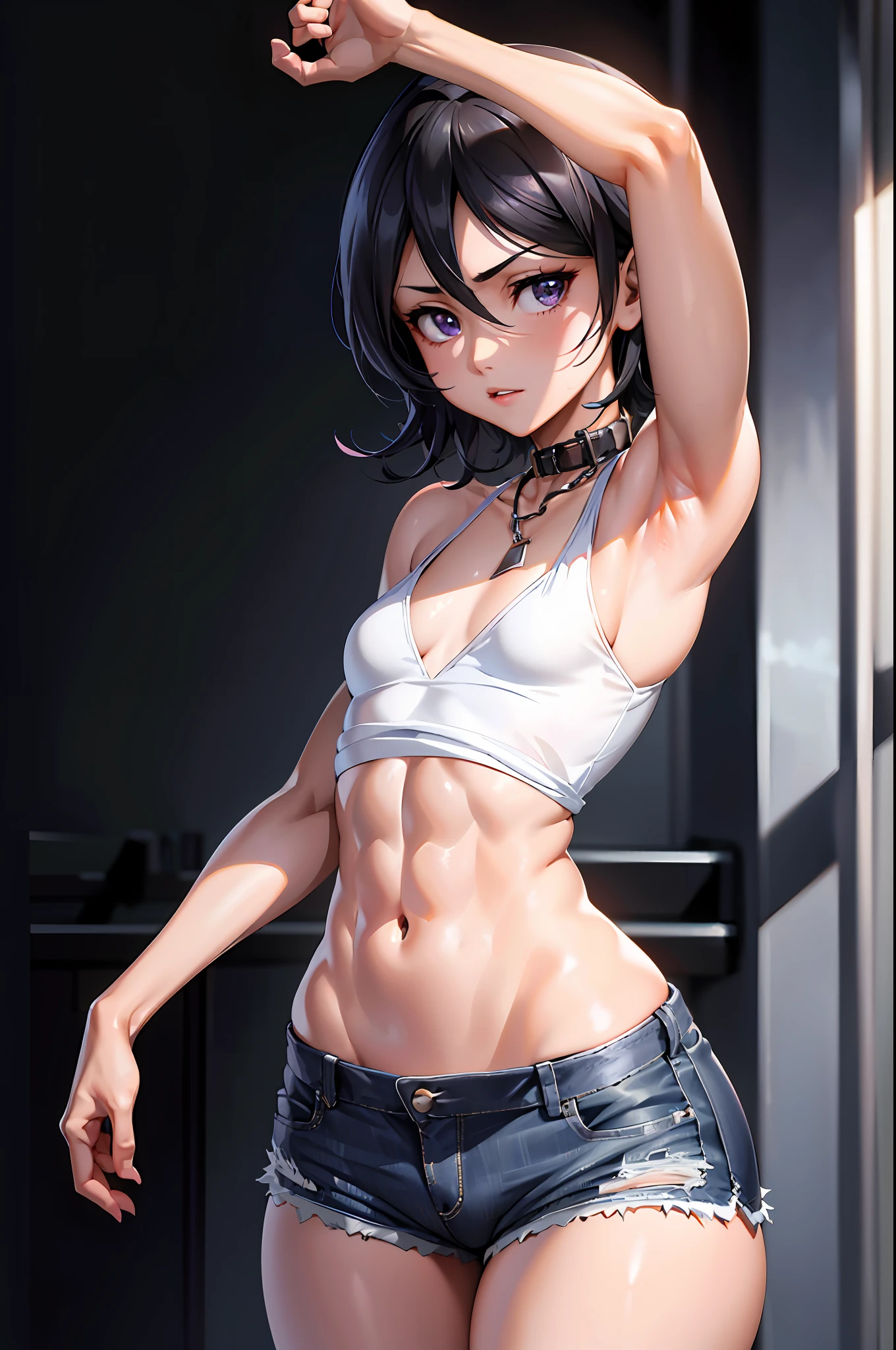 ((small breasts, tomboy girls, small head, wide hips, ass)), daylight, sunlight, (chiseled abs: 0.7), (perfect body: 1.1), (short wavy hair: 1.2), rukia, black hair, hair between the eyes, purple eyes, collar, chain, full body shot, crowded street, in black tank top, denim jacket, ((shorts)), (extremely detailed CG 8k wallpaper), (extremely delicate and beautiful), (masterpiece), (best quality: 1.0),  (Ultra High Resolution: 1.0), Beautiful Lighting, Perfect Lighting, Realistic Shadows, [High Resolution], Detailed Skin, Super Detail