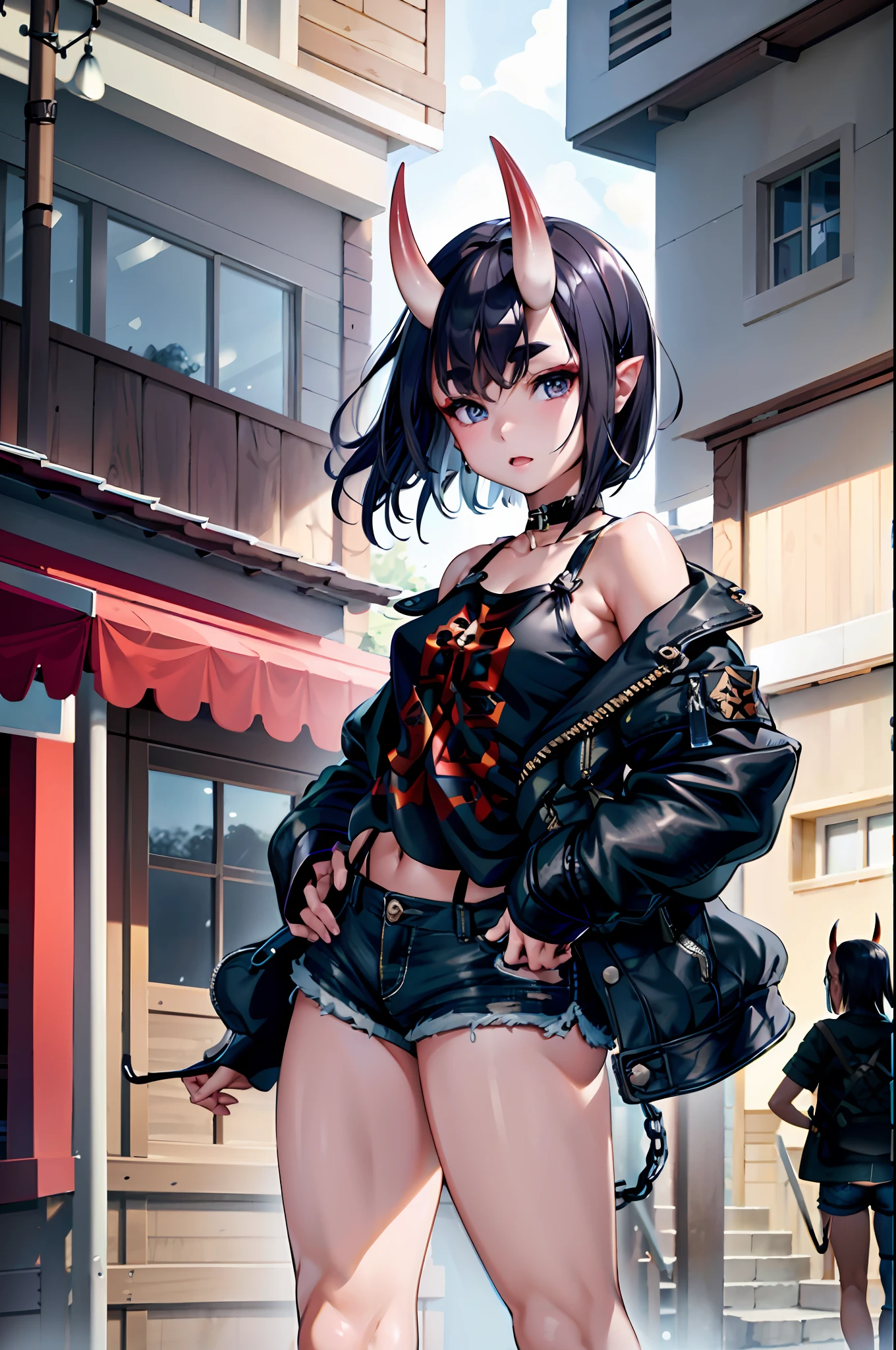 ((small breasts, tomboy girls, small head, big ass, wide hips)), daylight, sunlight, (chiseled abs: 0.7), (perfect body: 1.1), (short wavy hair: 1.2), black hair, horns oni, collar, chain, full body shot, crowded street, in black tank top, denim jacket, ((shorts)), (extremely detailed CG 8k wallpaper), (extremely delicate and beautiful), (masterpiece), (best quality: 1.0), (ultra-high resolution: 1.0),  Beautiful lighting, perfect lighting, realistic shadows, [high resolution], detailed skin, super detailed