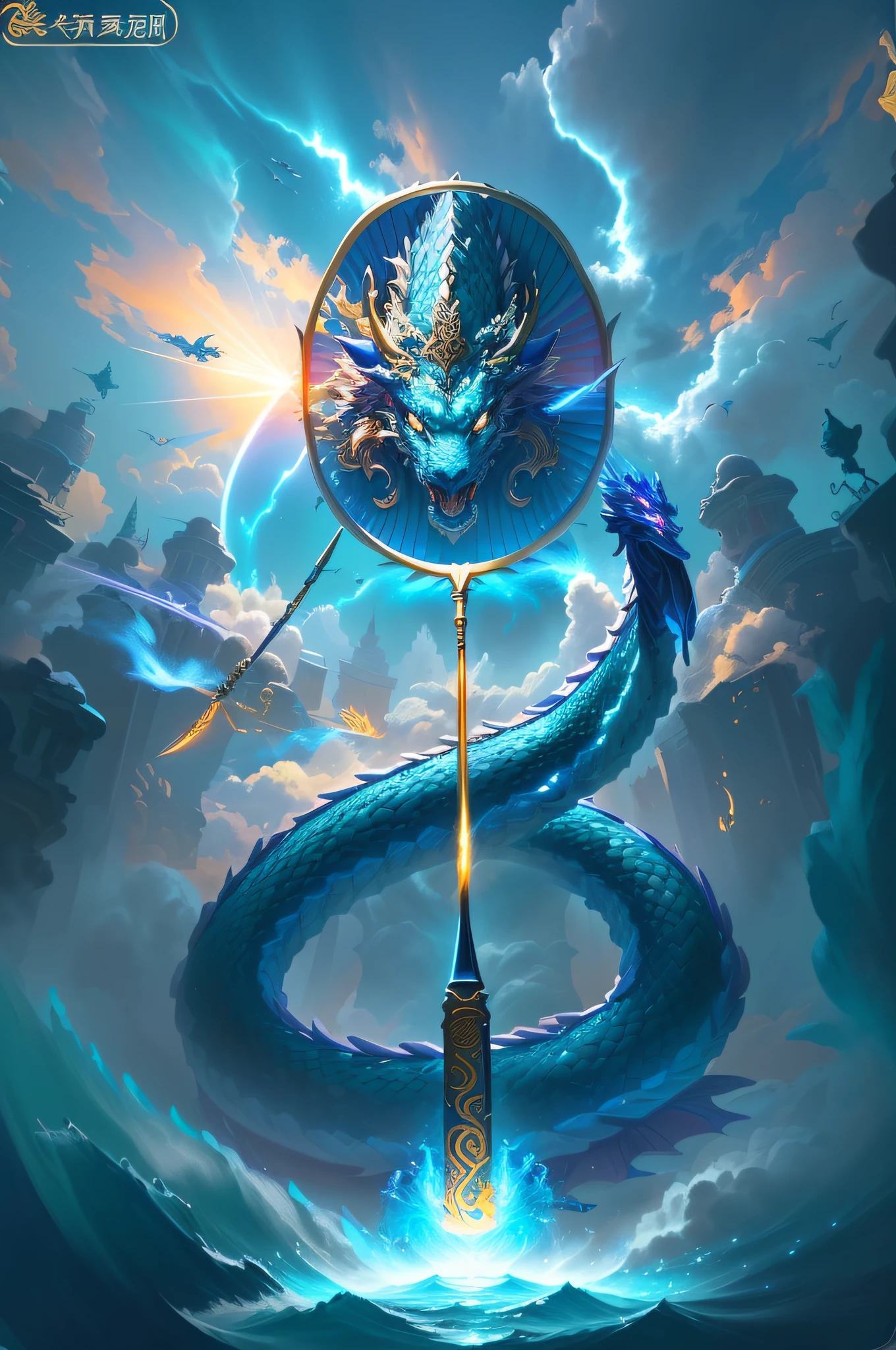 there is a dragon holding a tennis racket in the air, full art, high detailed official artwork, dragon staff, by Ni Yuanlu, by Qu Leilei, by Yang J, inspired by Li Kan, collectible card art, legendary god holding spear, by Li Zai, loong, sun wukong, lei min, naga, jinyiwei