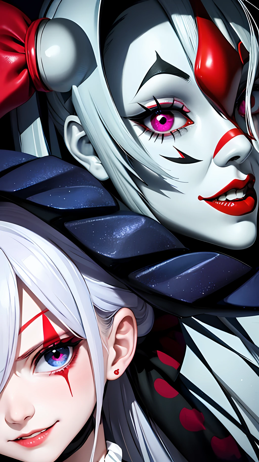 yandere girl, evil smile, portrait, super detailed complex, blood, clown, double diamond curl, detailed background, serious, mask, half face pure, half face evil,