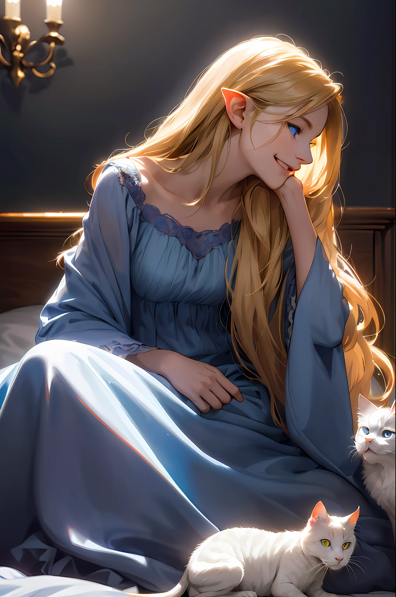 (movie light), (high resolution, super detail), elf, (((pretty face)), 1 woman, 16 years old, straight long hair, beautiful golden hair, blue eyes, bangs, fine eyes and detailed face, complex details, lowered hair, untied hair, solo, detailed background, detailed face, white nightgown, bedroom, faint moonlight, backlit, wistful atmosphere, portrait, blurry background, smile, profile, ( dark shadow), mysterious, ((low saturation)), petting a white cat on her lap, (gentle look), happily making eye contact with the cat, relaxed atmosphere, (smile)
