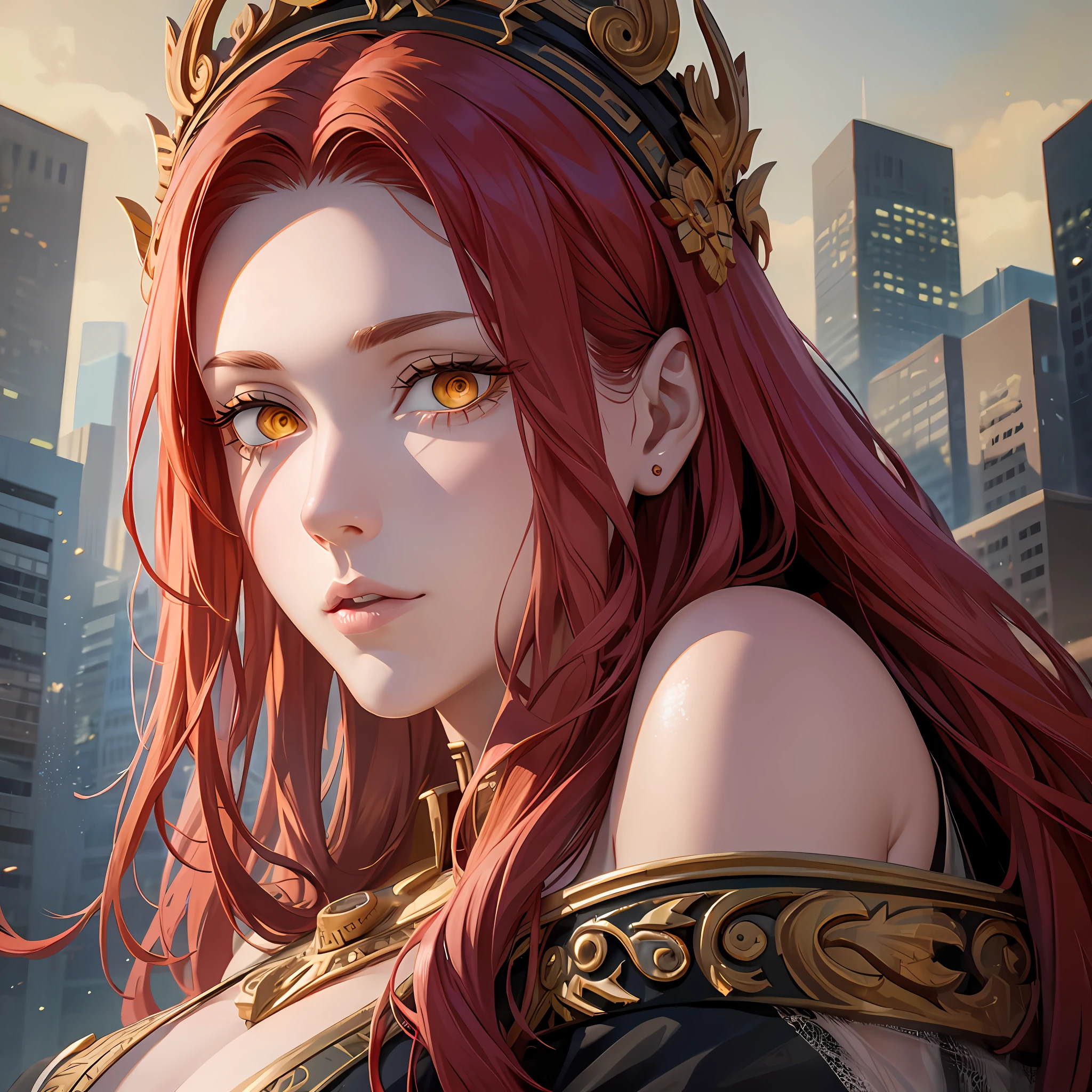 Beautiful tall woman with red hair and yellow eyes super realistic and well detailed wallpaper