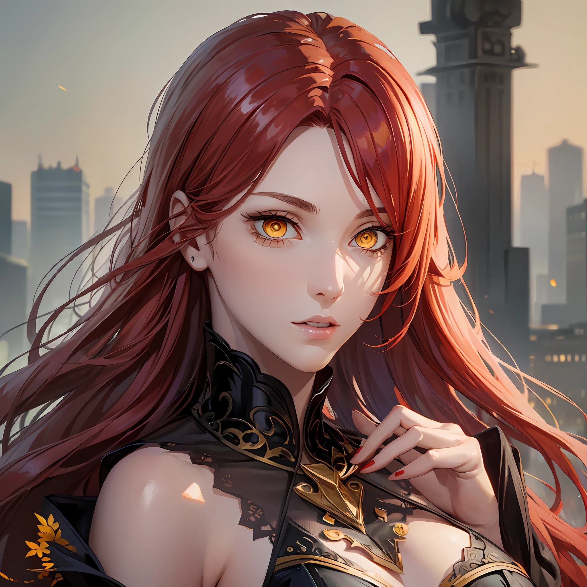 Beautiful tall woman with red hair and yellow eyes super realistic and well detailed wallpaper