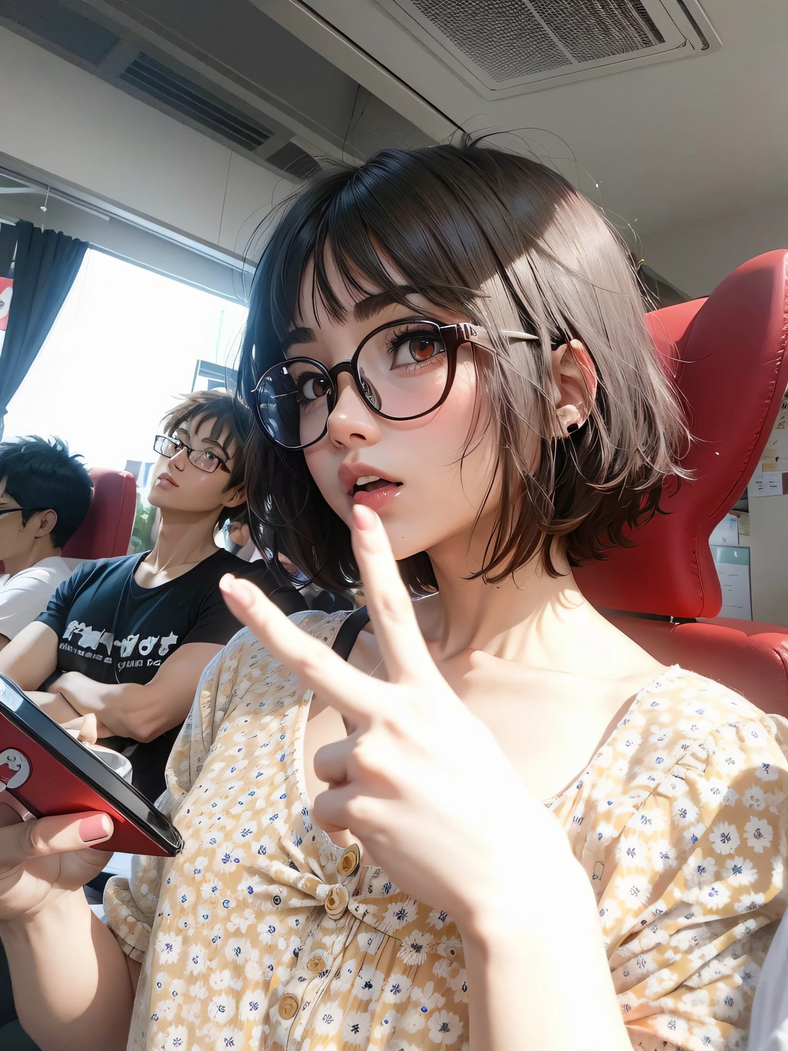 Generate anime-style images with short hair, round-framed glasses, and V-shaped gestures