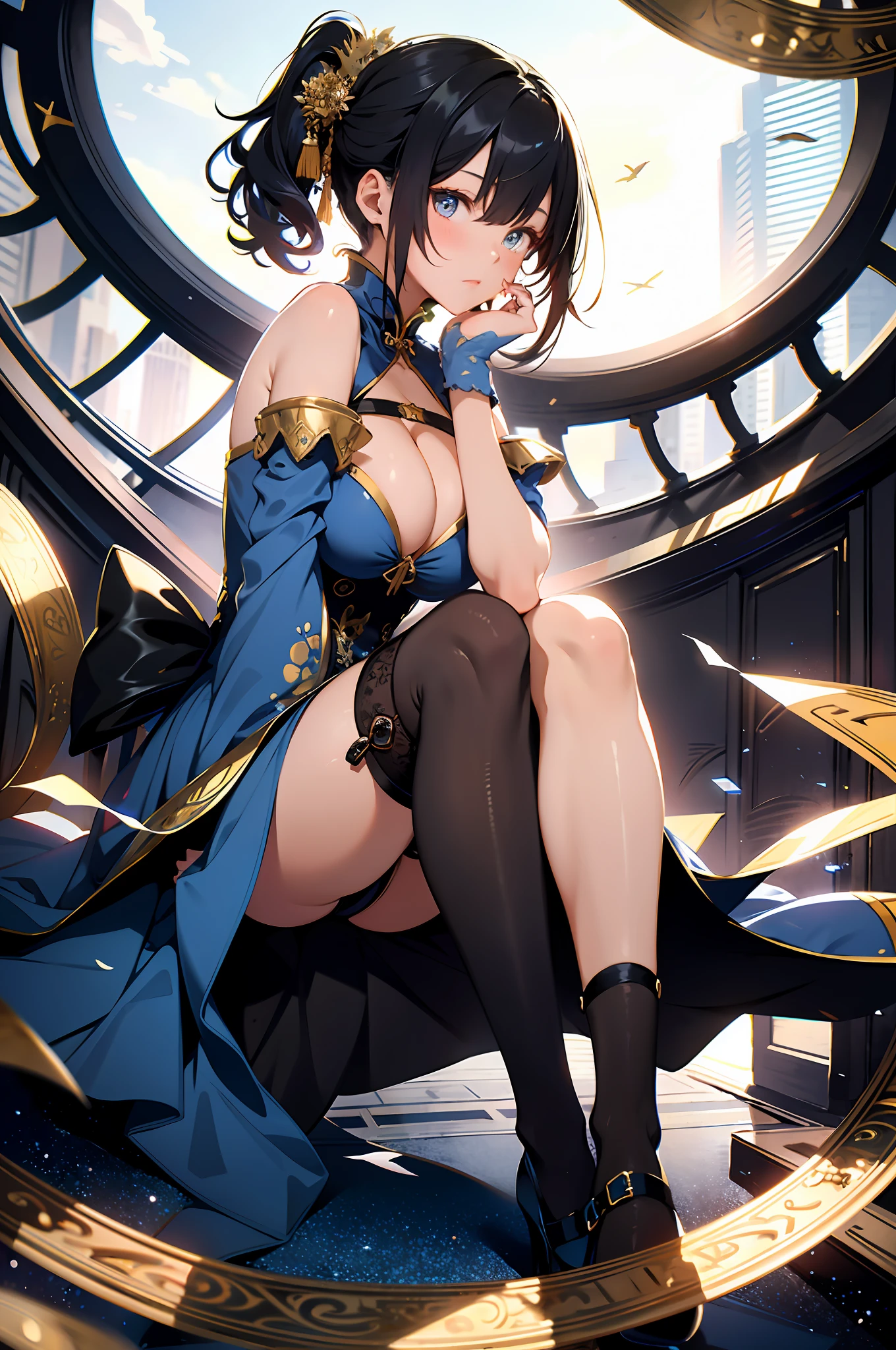 absurd res, high res, (masterpiece:1.4), ultra-detailed, 2girl, from below, space, floating, Chinese dress, blue dress, stockings, black hair, golden eyes, cleavage, focus on cleavage, spreading legs, full body