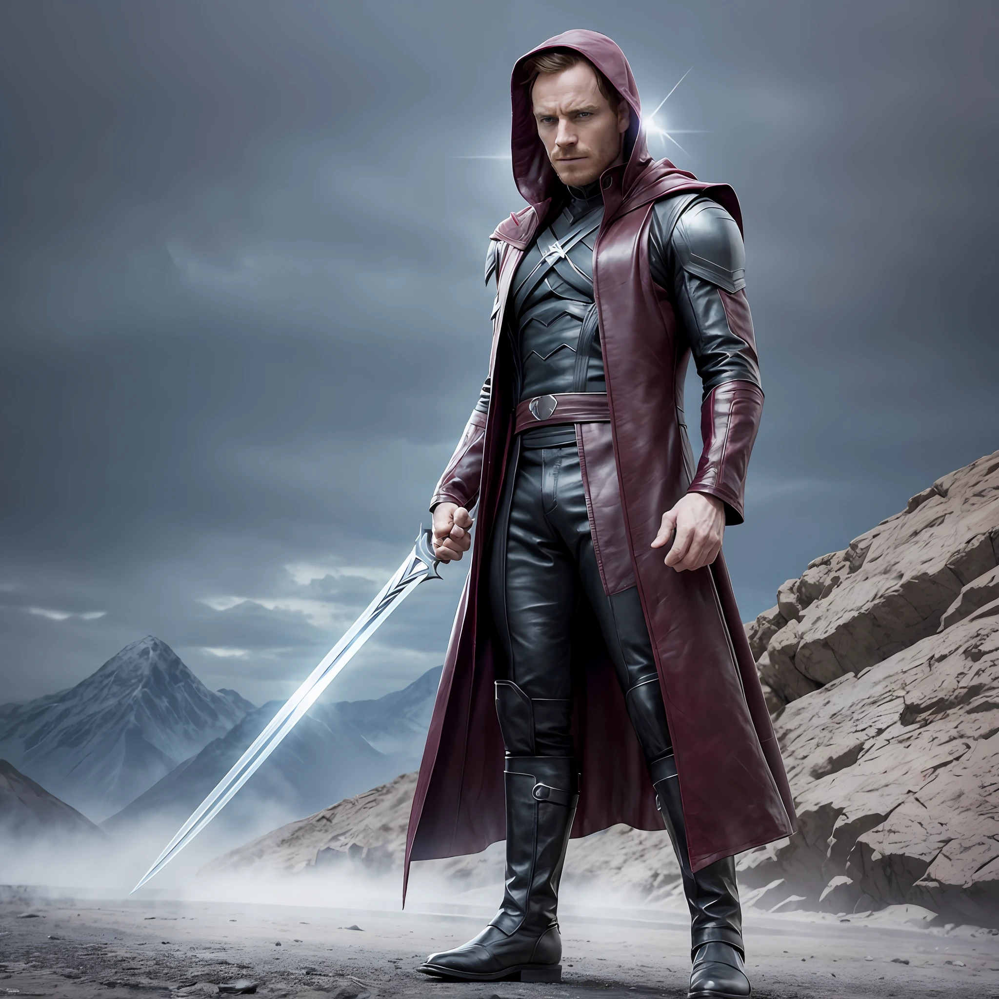 Michael Fassbender as Magneto of the X-Men, full-length, leather burgundy cloak with a hood, a great illustration, like a still from the movie X-Men