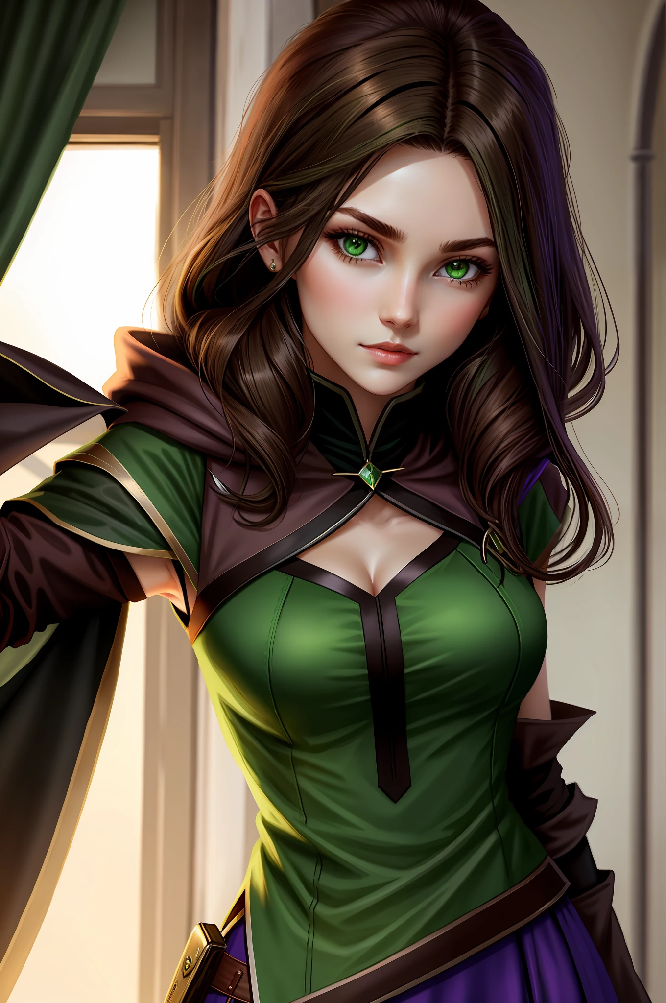 Huntress Mage Dark Brown Hair Green Dress Green Eyes