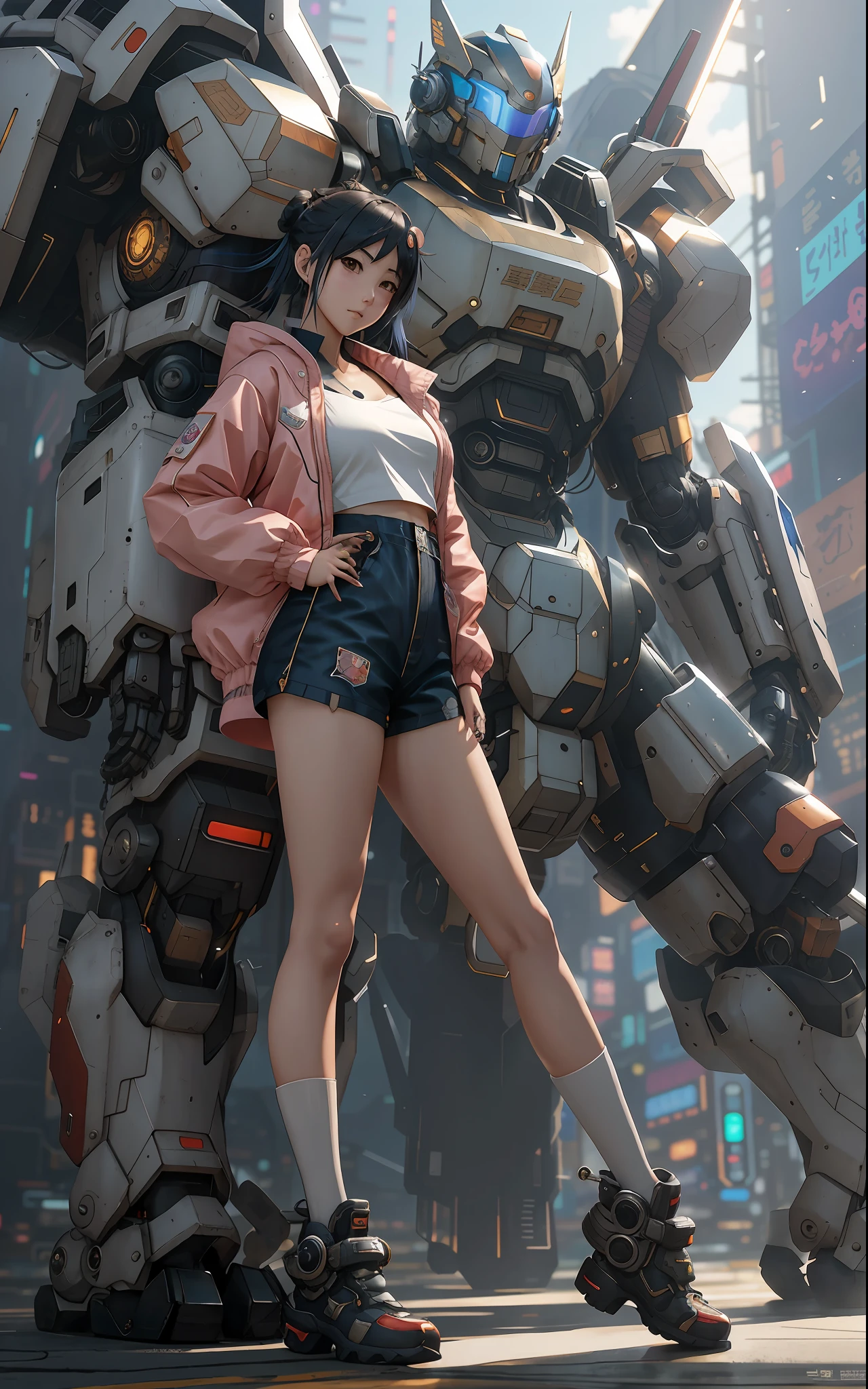 anime girl in short shorts and jacket standing next to giant robot, artwork in the style of guweiz, cyberpunk anime girl mech, trending on cgstation, guweiz, by Russell Dongjun Lu, digital cyberpunk anime art, ross tran 8 k, guweiz on artstation pixiv, girl in mecha cyber armor