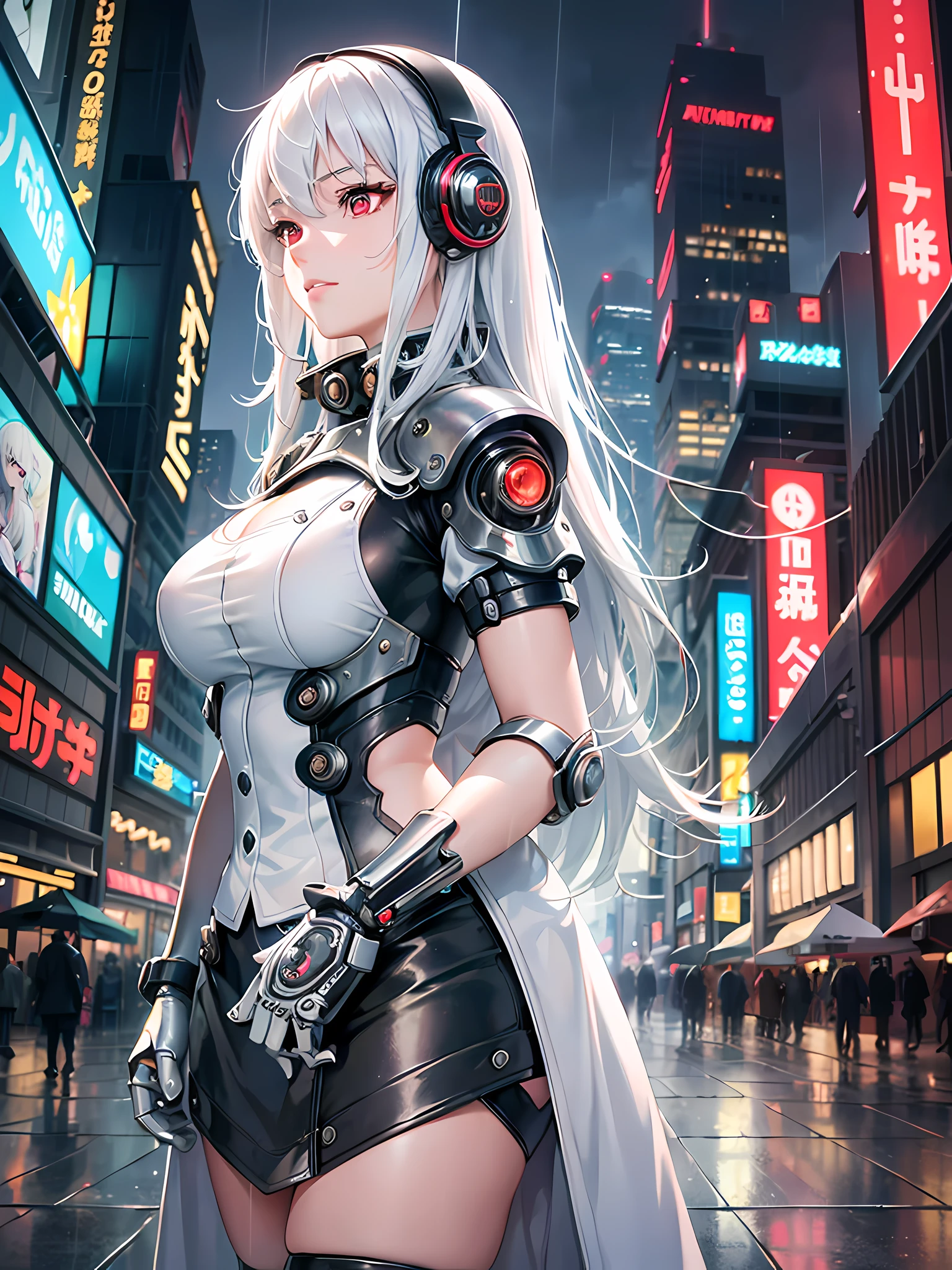 ((best quality)),((masterpiece)),((ultra detailed)),(illustration),(detailed light),(an extremely delicate and beautiful), (((solo))),(((beautiful girl))),((cowboy shot)),(standding),(mechanical overcoat),((mechanical prosthesis)),large breasts,headsets,hands in pockets,((short sleeves)),((long white hair)),(beautiful detailed red eyes),(cyberpunk city),slums,Mall,(street),(neon light),night,rain,