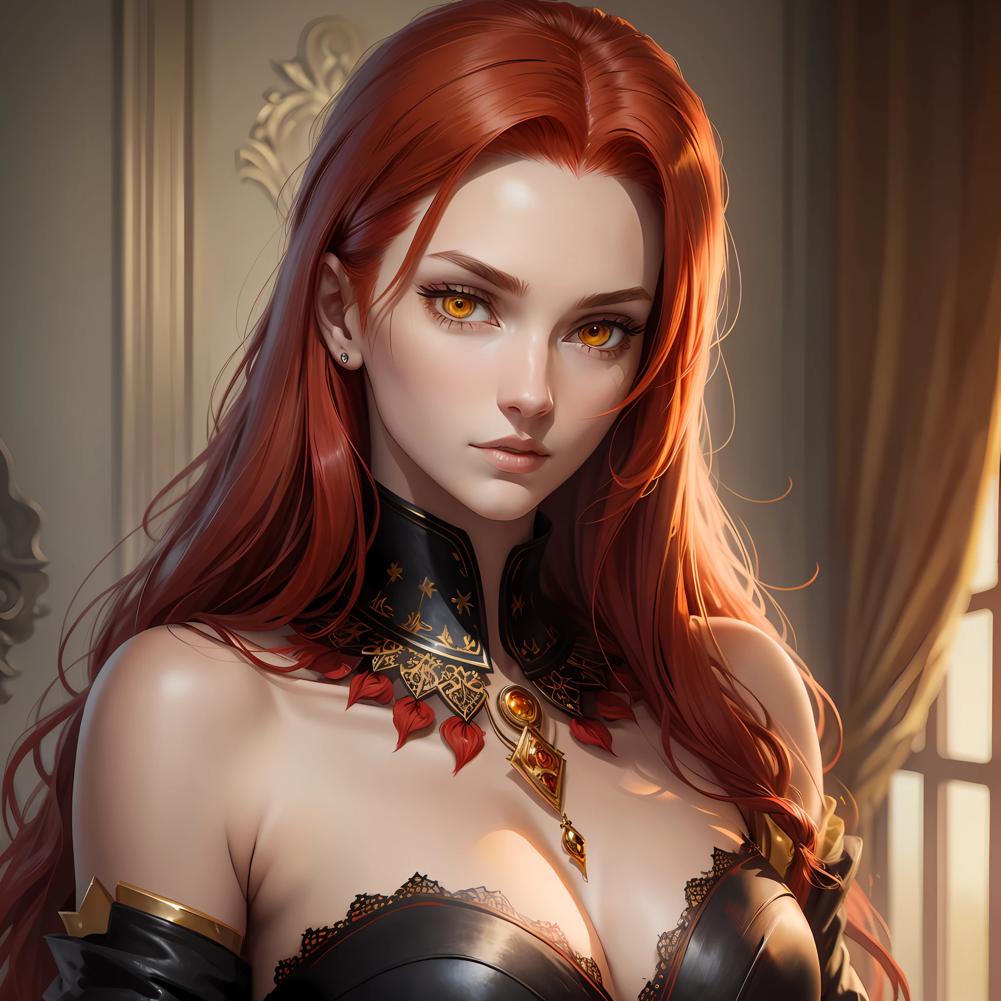 Beautiful tall woman with red hair and yellow eyes super realistic and well detailed wallpaper