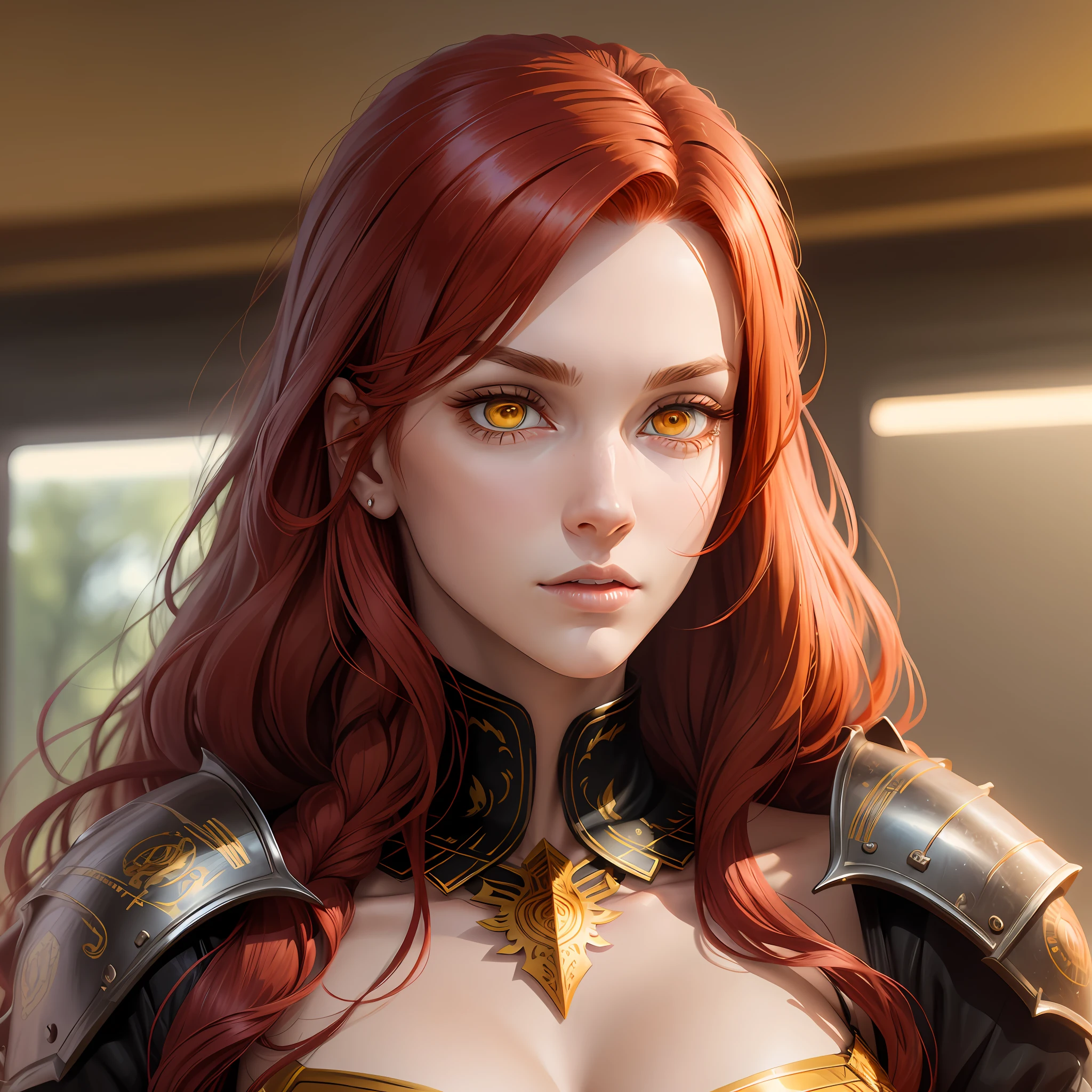 Beautiful tall woman with red hair and yellow eyes super realistic and well detailed wallpaper
