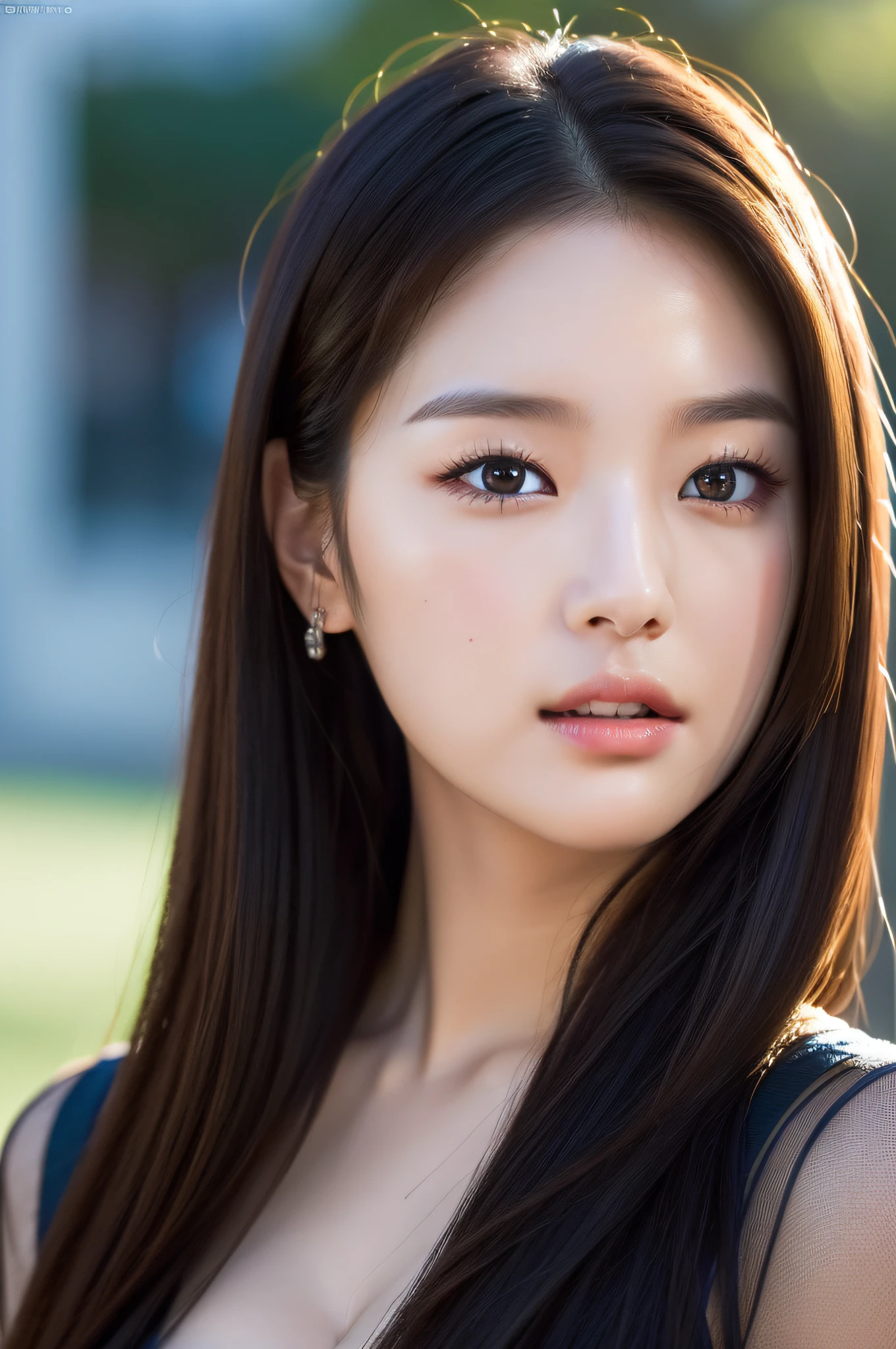 ((Top Quality, 8K, Masterpiece: 1.3)), Sharp Focus: 1.2, (Korean Cute Actress No.1), Realistic Photo (Shiny Skin: 1.3), Realistic Photo, Black Hair,  Realistic Pupil, Movie Lighting, Highly Detailed Eyes and Face, Movie Lighting, medium Cleavage