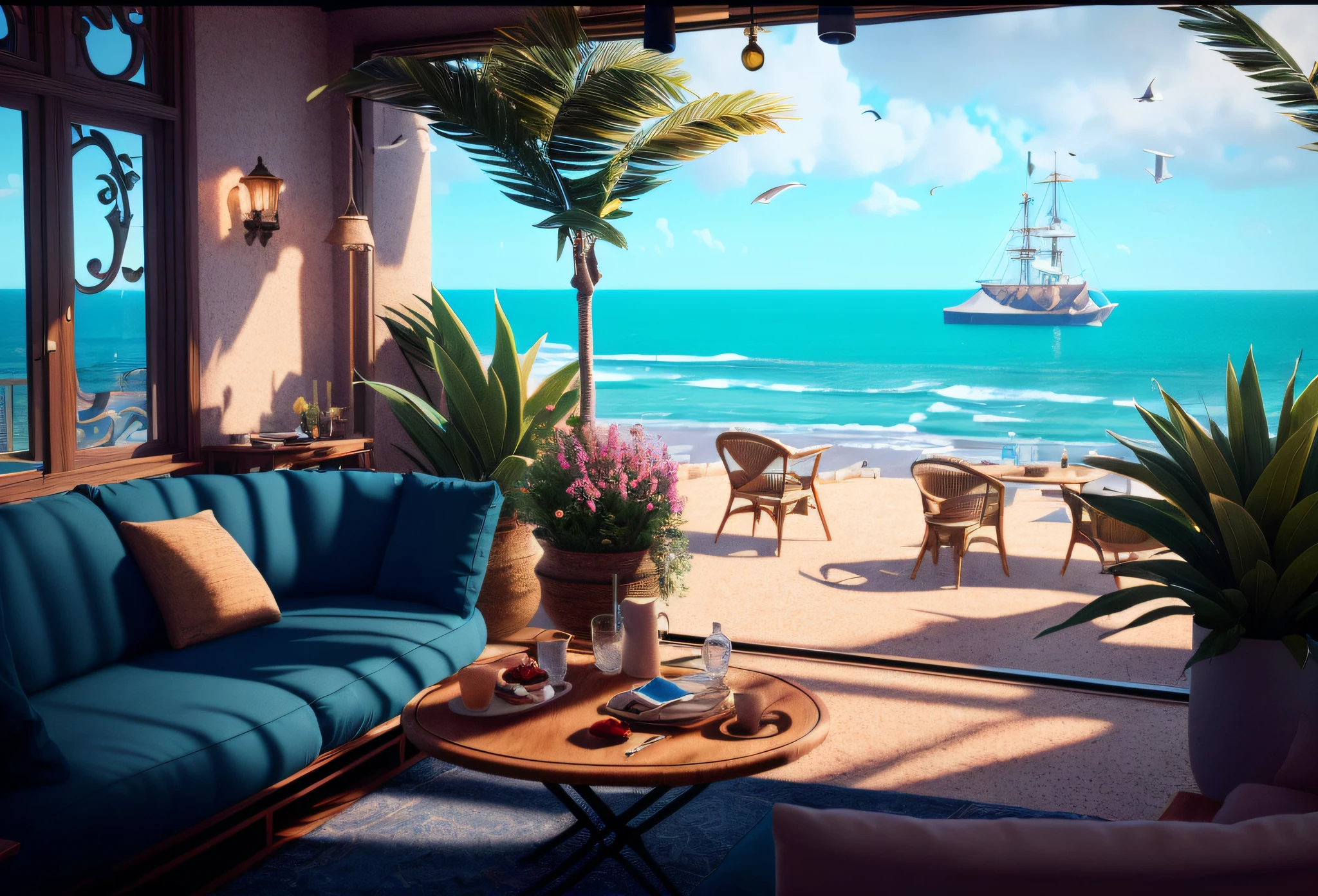The room with a view of the sea has a sofa and a table, comfortable concept art, rendered in Lumion Pro, highly detailed scenes, 3D styling scenes, rendered in Unreal Engine 5, rendered in Lumion, Summer in Unreal Engine 5, rendered in 8K Unreal Engine, stylized 3D rendering, rendered in Unreal Engine 4K HQ, empty tables, no ships, no seagulls