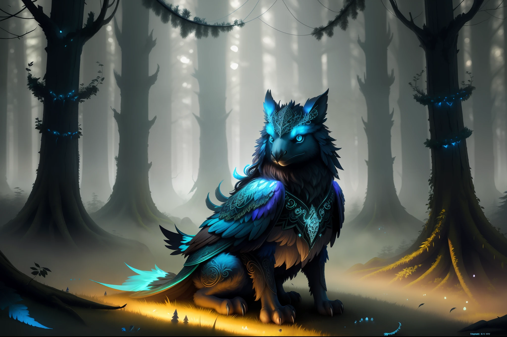 photo of a creature, monster, magic-fantasy-forest, digital art, most amazing artwork in the world, ((no humans)),volumetric light, soft balanced colours, forest scenery, vines, uhd, 8k octane render, magical, amazing, ethereal, intricate, intricate design, ultra sharp, shadows, cooler colors, trending on cgsociety, glowing eyes, ((best quality)), ((masterpiece)), (detailed), raven with blue feathers