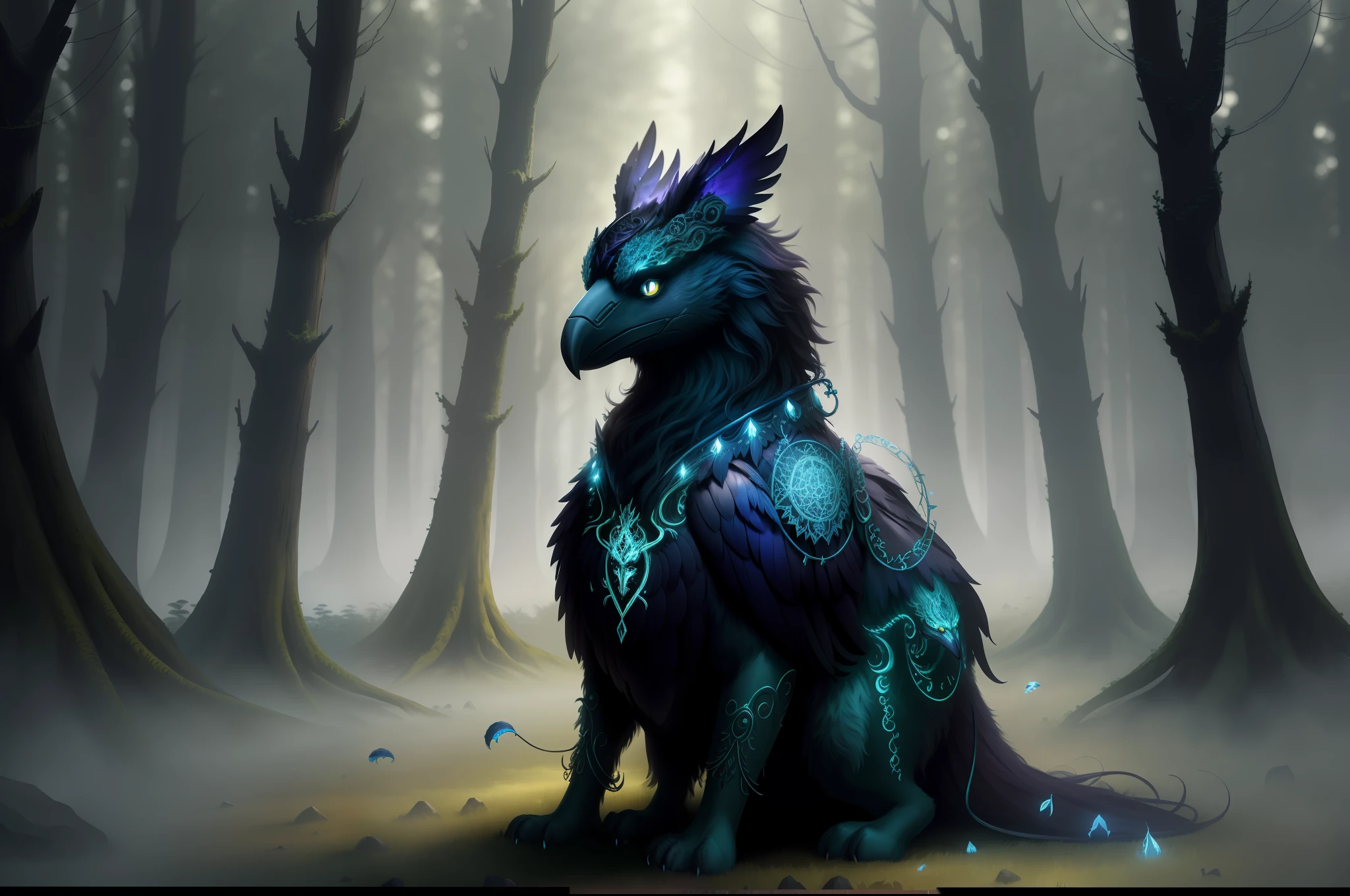 photo of a creature, monster, magic-fantasy-forest, digital art, most amazing artwork in the world, ((no humans)),volumetric light, soft balanced colours, forest scenery, vines, uhd, 8k octane render, magical, amazing, ethereal, intricate, intricate design, ultra sharp, shadows, cooler colors, trending on cgsociety, glowing eyes, ((best quality)), ((masterpiece)), (detailed), raven with blue feathers