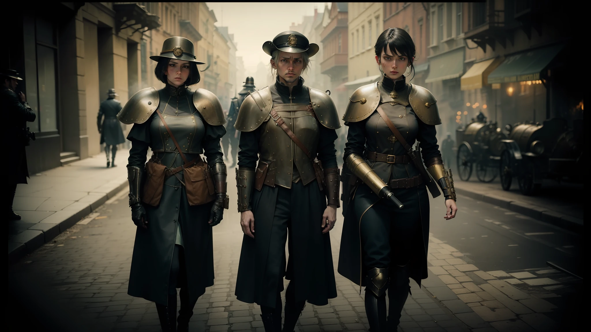 three men in steam - punk costumes stand in a street, inspired by Maciej Kuciara, three women, ambrotype, netfilx !n-9, sirens, still image from tv series, by Wojciech Siudmak, sisters, photogenic details on armor, torches, dystopic, 19 century, after a riot --auto --s2