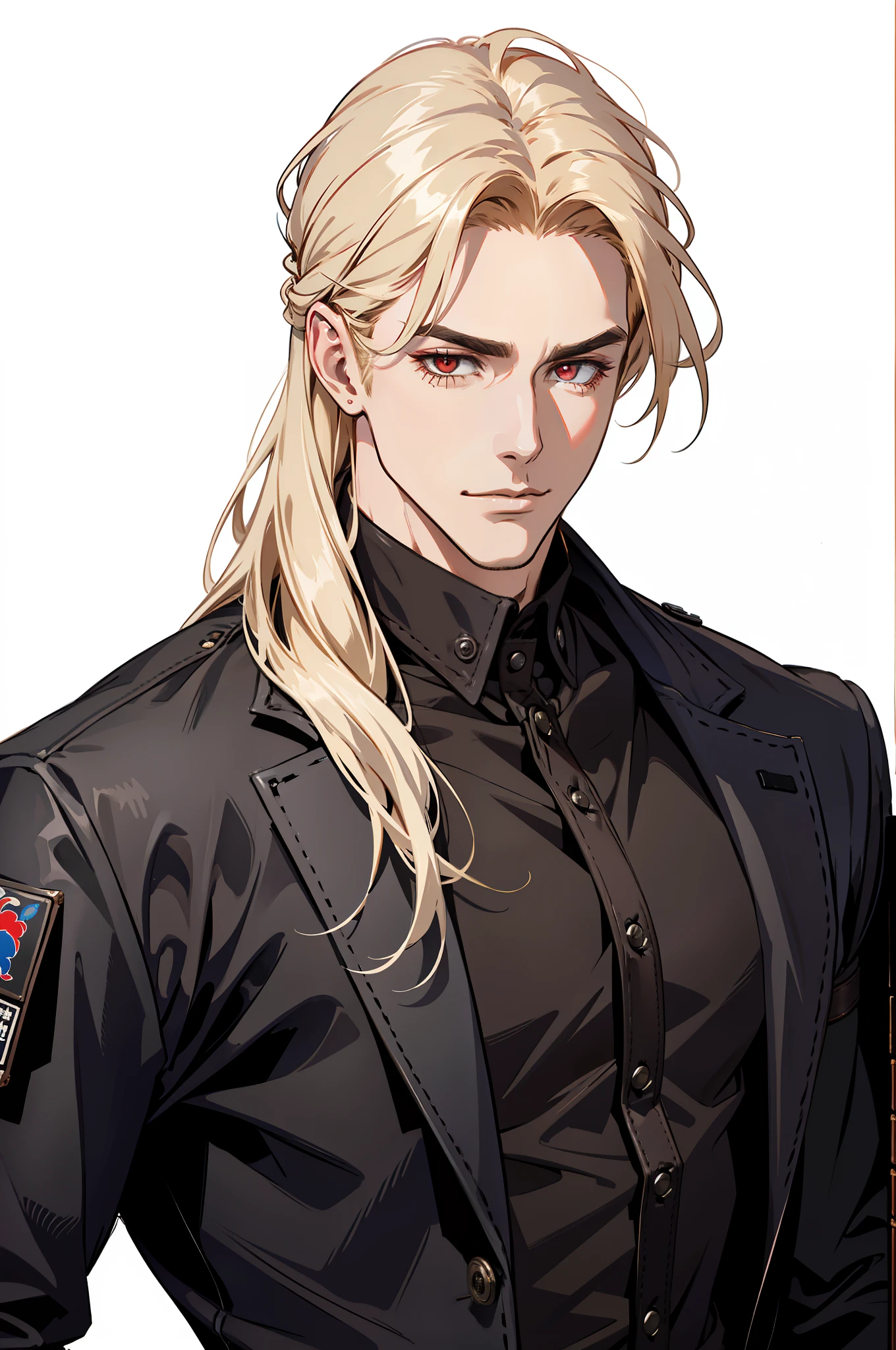 ((MLS)), (absurd res, high res, ultra detailed), 1 male, adult, handsome, tall muscular guy, broad shoulders, blonde long hair, red eyes, finely detailed eyes, looking at viewer, solo, MLS shot, no background, detailed face, smirk, renegade, rugged dark leather clothes, small leather pouch, high fantasy medieval setting, smuggler hideout background, stealth, undercover, (crates in background), shadows, fog, (dutch angle), open mouth, one copen red eye