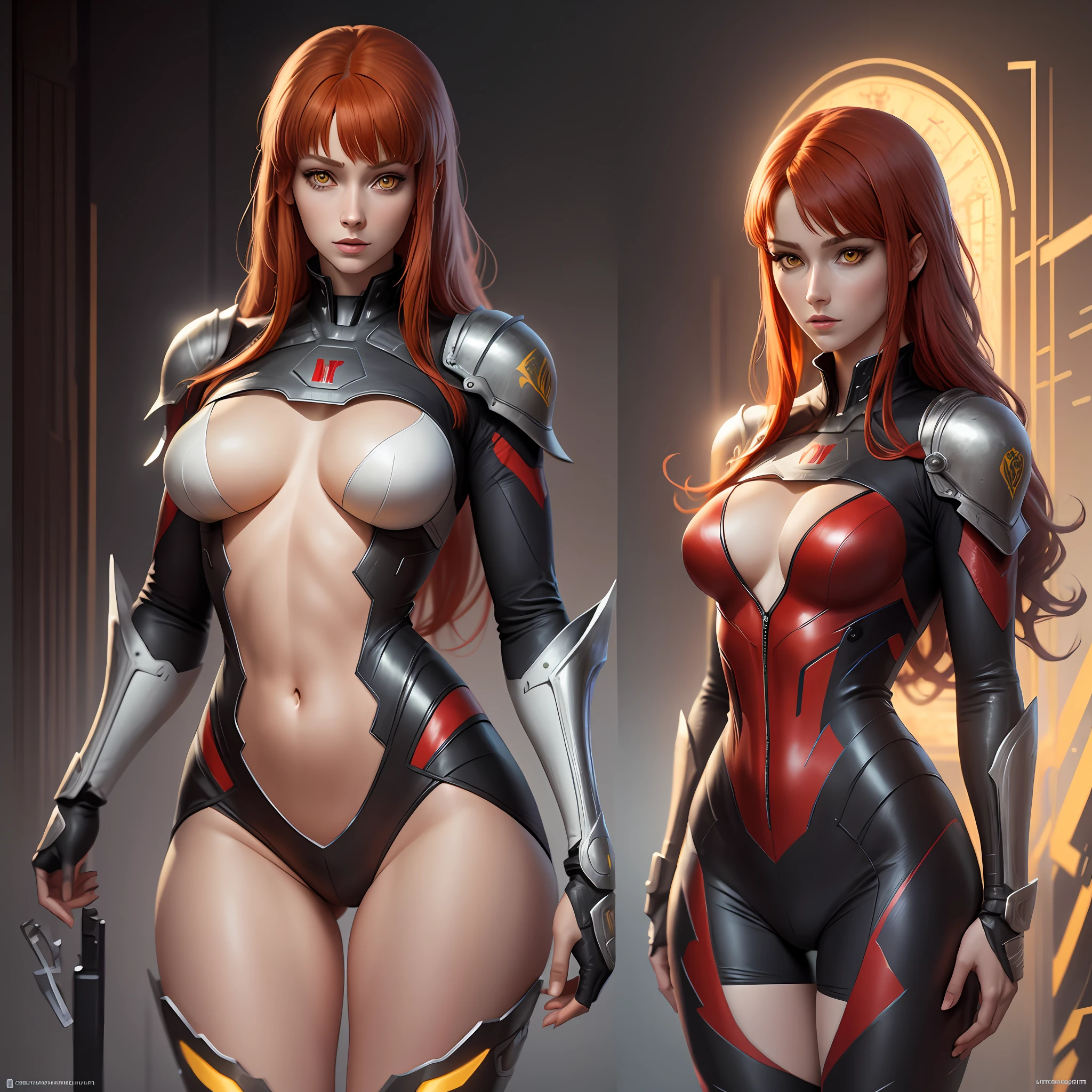 Beautiful tall woman with red hair and yellow eyes super realistic and well detailed suit wallpaper