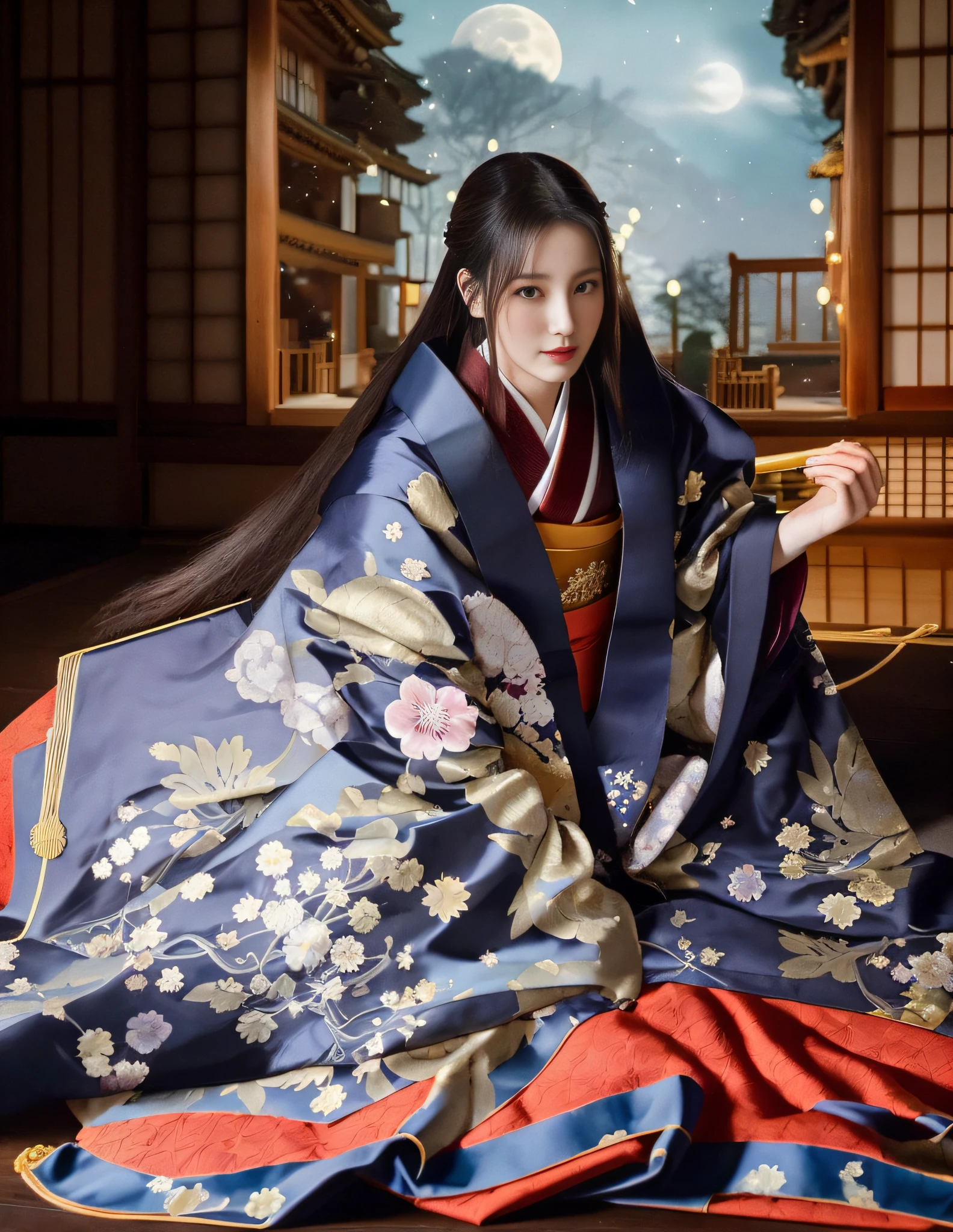(Masterpiece, 23-year-old woman sitting in a Heian period mansion wearing a 12 simple kimono), 1 girl, early Heian Japan, 16K, (Kaguya-hime), wearing a haori, wearing a kimono, Heian period, Japan kimono, (wearing a luxurious silk twelve-piece kimono), perfect , traditional Japan, (super straight long hair that extends to the floor), shiny dark brown hair, top quality, ( Heian period mansion where you can see a big full moon in the night sky), (((16K transcendent beauty of the world))), RAW photography, bright moonlight, mysterious atmosphere, long lashes, combining elegance, elegance and intelligence,