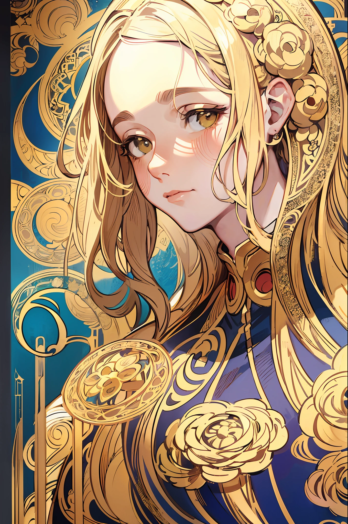 face portrait of a European female , long curly hair, blond, floral frame, Decorative panels, abstract
artistic, by Alphonse Mucha
(Masterpiece, Best Quality, Highres:1.4), Detailed, Intricate Details, 4K, color splashes, line art, fibonacci,
