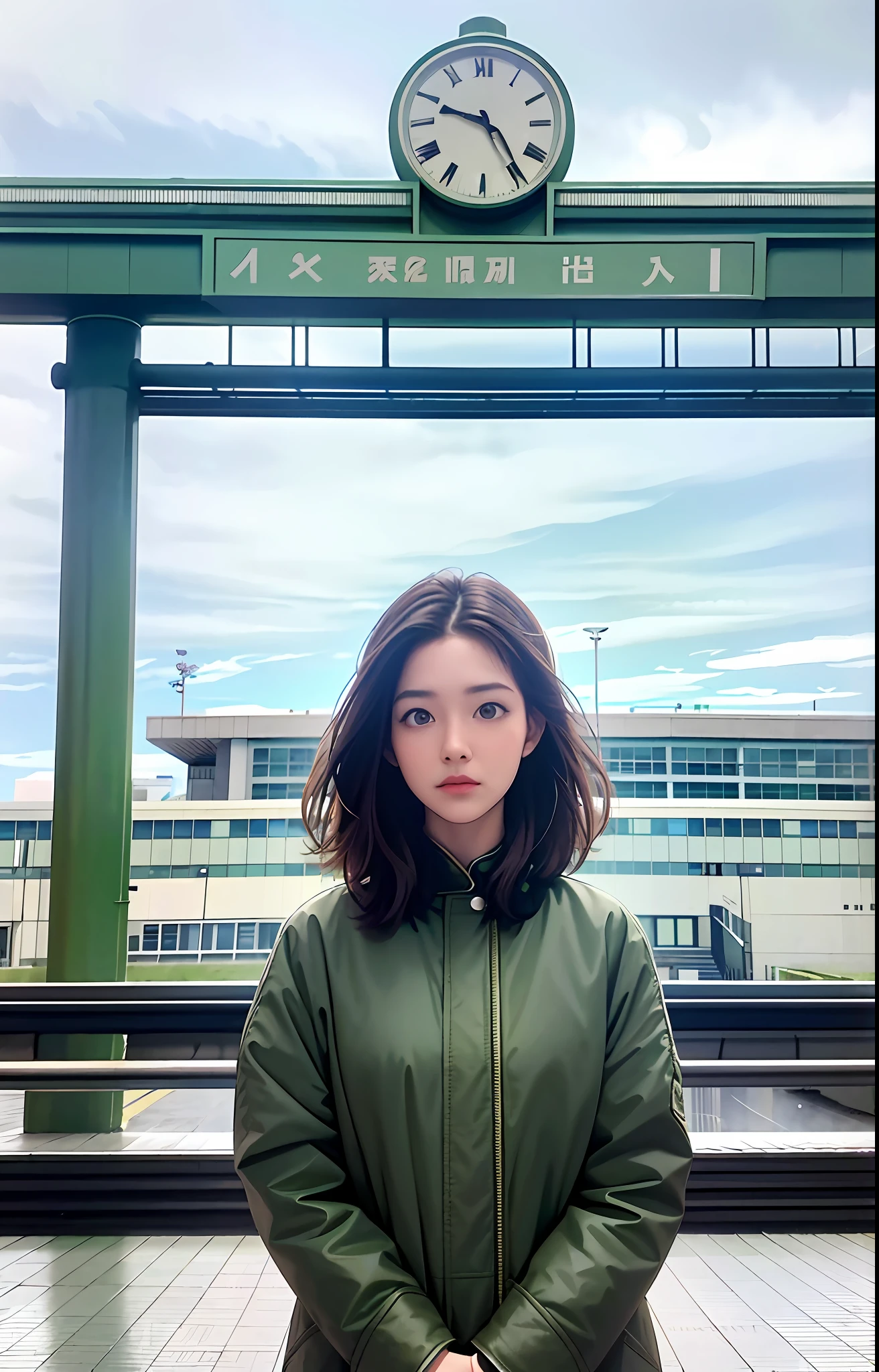 Realistic photo of girl 23 years old pure green coat with background of University of Birmingham train station, turquoise sky, white clouds, high image quality