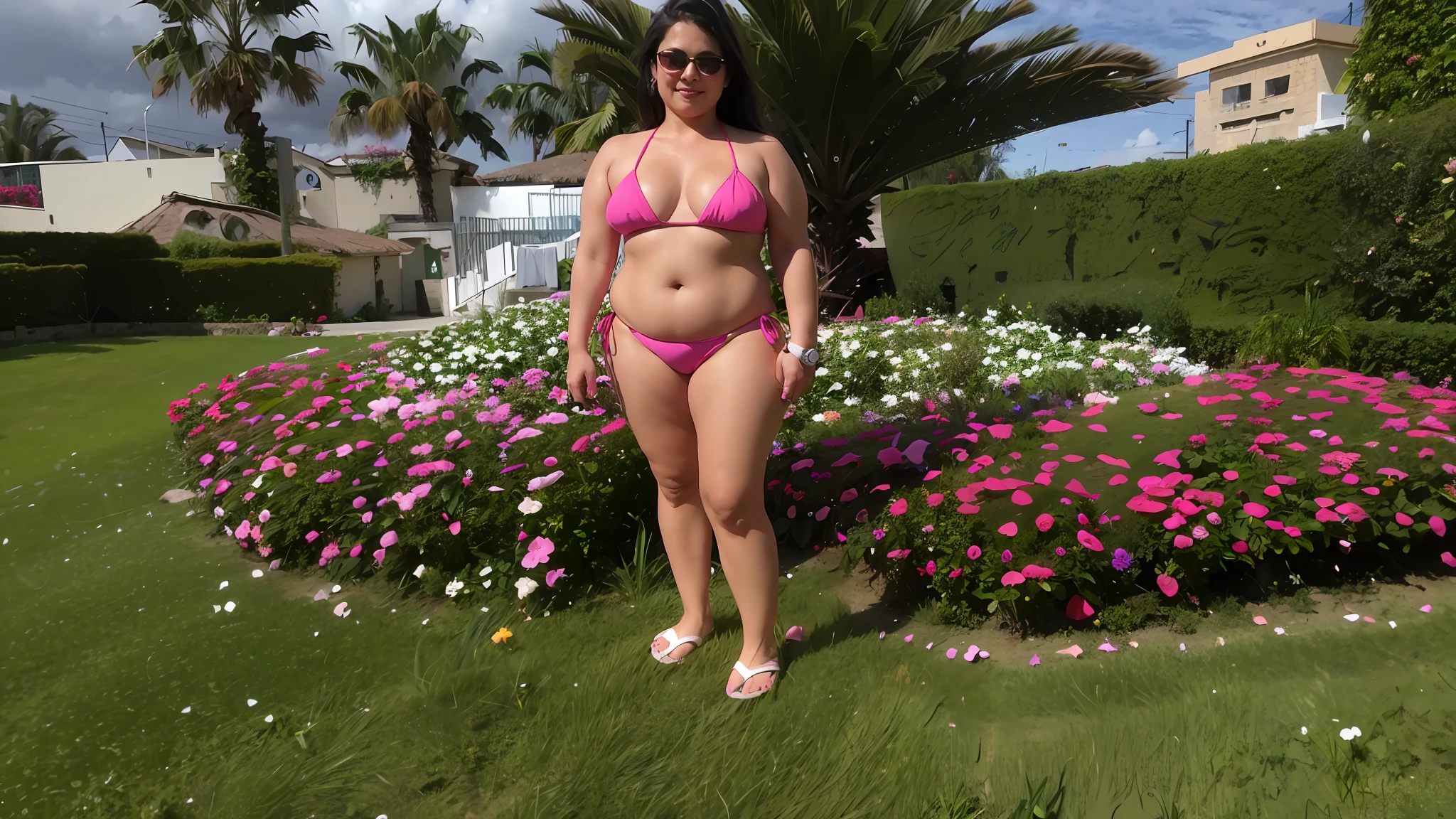 woman in a bikini standing in front of a flower garden, full body shot in bikini, in bikini, attire: bikini, (38 years old), beautiful tan mexican woman, in a bikini, wearing pearl neon bikini, vacation photo, 30 years old woman, 3 0 years old woman, wearing spandex bikini, full body wide shot, 4 5 yo