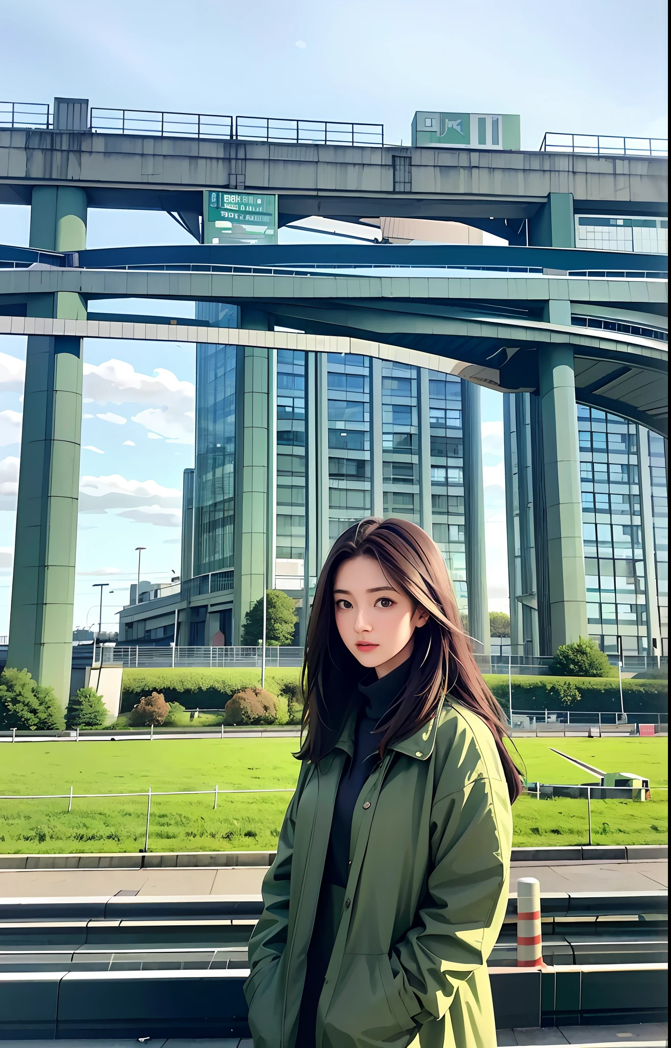 Realistic photo of girl 23 years old pure green coat with background of University of Birmingham train station, turquoise sky, white clouds, high image quality