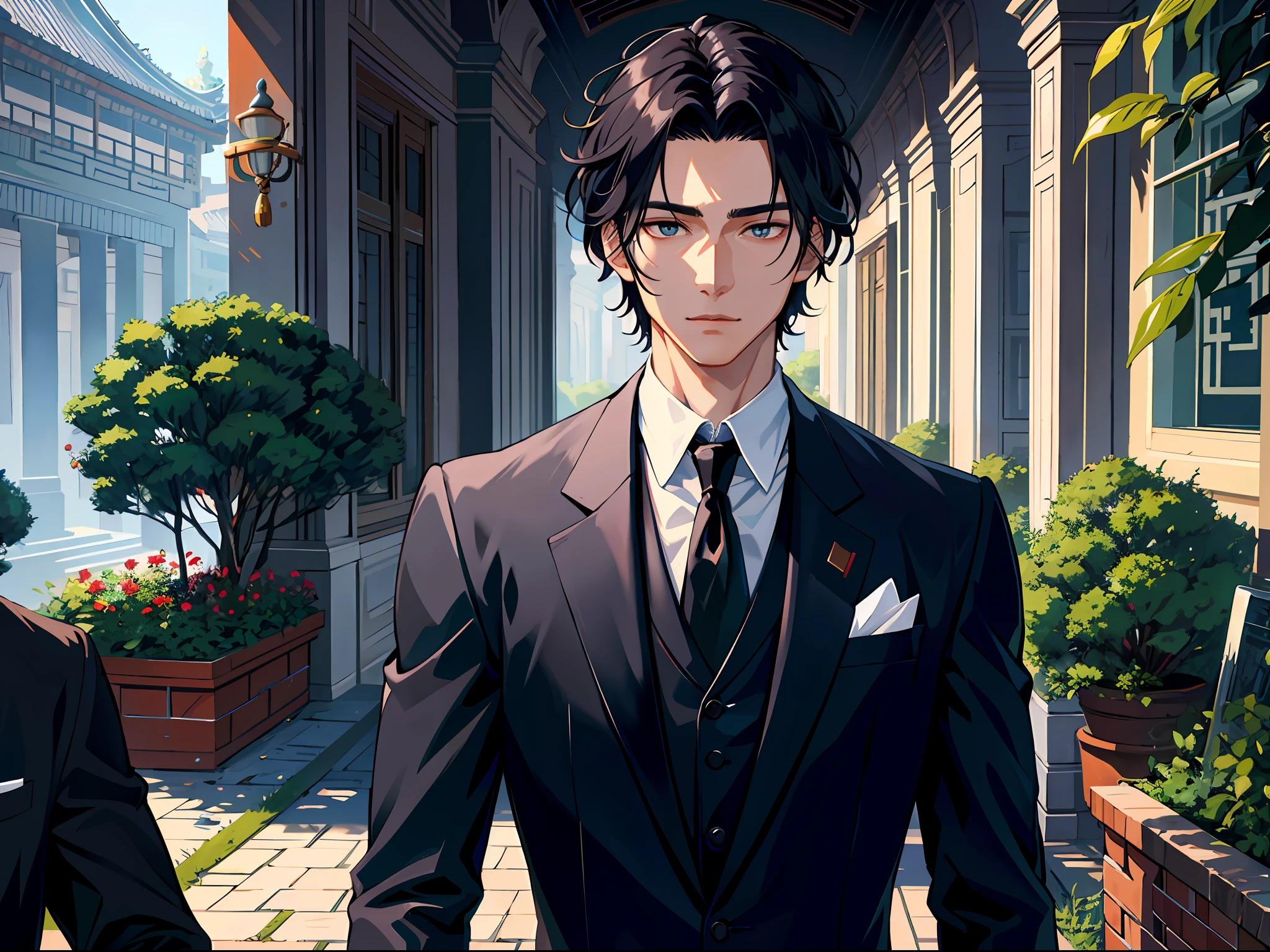 High resolution, highest quality, illustration, super detailed, (detailed face), (detailed eyes), a handsome Chinese black-haired youth in a black suit and a middle-aged uncle with white hair, walking in the palace garden