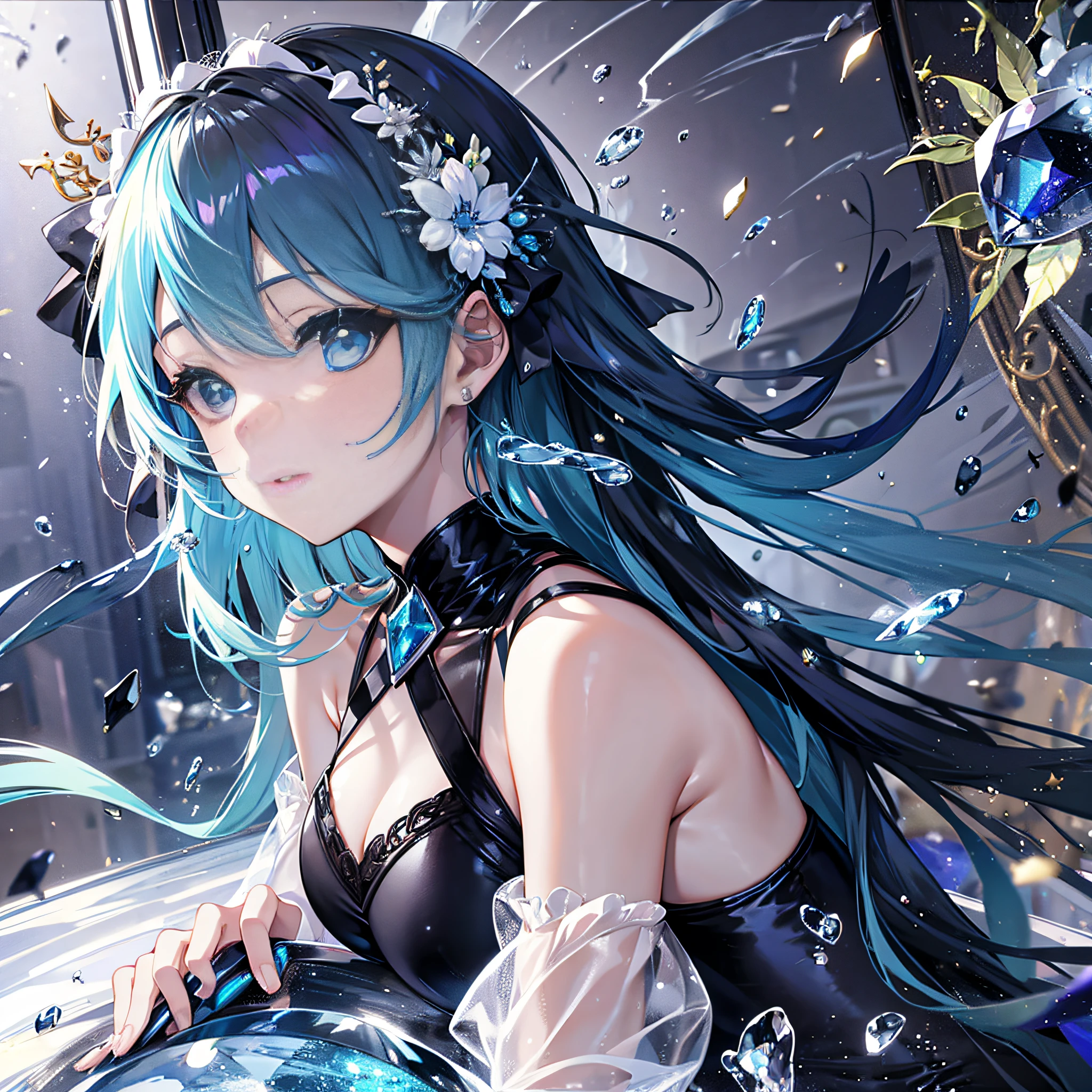 1 girl, Aquamarine, black diamond, petal, shine,