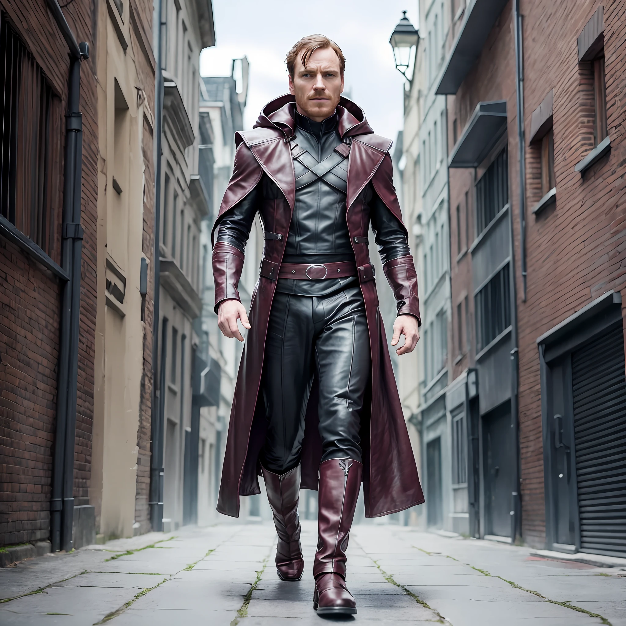 Michael Fassbender as Magneto of the X-Men, full-length, leather burgundy cloak with a hood, a great illustration, like a still from the movie X-Men