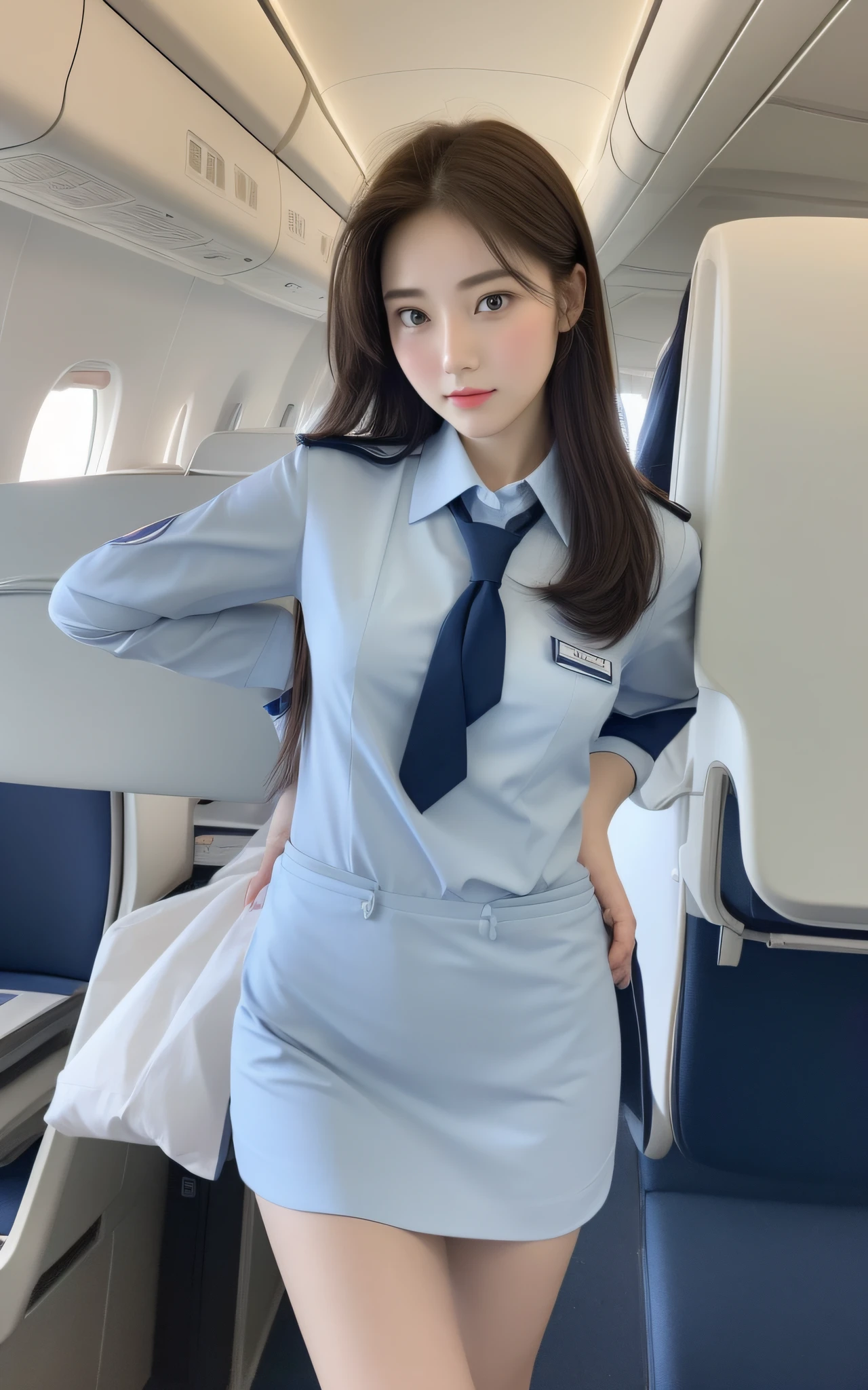 Top quality, masterpiece, 8K, Ultra High Definition, (Photorealistic: 1.4), 1 girl, beautiful face, symmetrical eyes, perfect body proportions, stewardess uniform, look at the viewer, (interior of the plane: 1.2), front view,