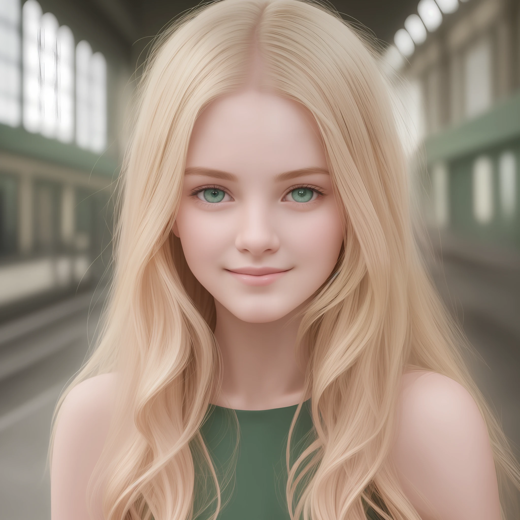Top quality, detail 8k, masterpiece, high resolution, University of Birmingham train station, smile A girl , blonde hair reaching calf, detailed drawing of hands, delicate face, green eyes strong sparkle, beautiful smooth skin, (pale pink lips), face pose --auto --s2