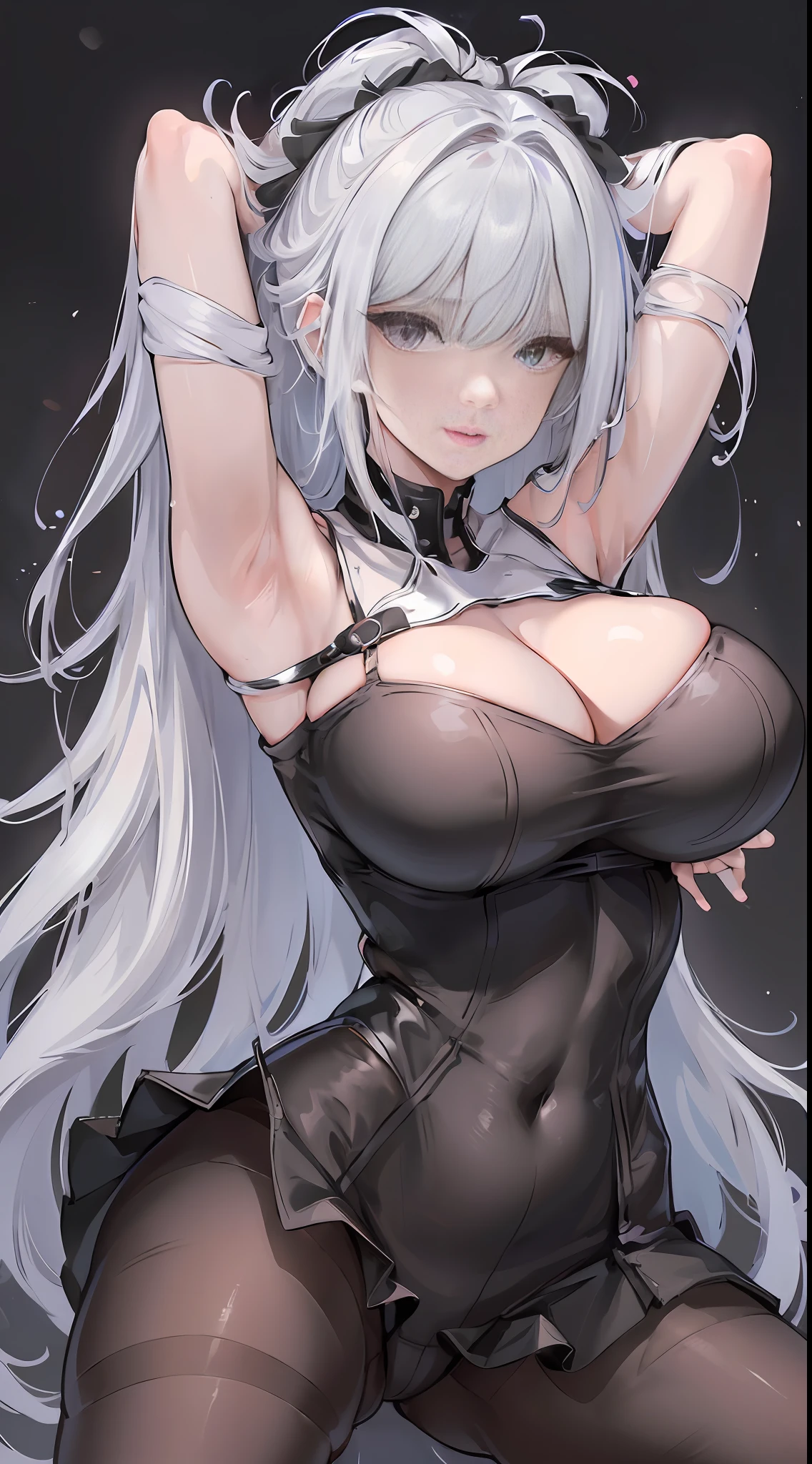 full body,(spread legs:1.5),Cinematic Lighting,(arms behind head:1.5),look at viewer,(shiny skin:1.2),shiny pantyhose,beautiful face, highly detailed,official art, extremely detailed CG unity 8k wallpaper,best quality,((masterpiece)),(Detailed eyes1.2),absurdres, incredibly absurdres, huge filesize,ultra-detailed, extremely detailed, beautiful detailed girl, beautiful detailed eyes,1girl,solo,kawaii,bare_shoulders,(off-shoulder shirt:1.2),microskirt,((black pantyhose)),(black legwear:1.2),heart in eye,long hair,(white hair:1.2),streaked hair,messy_hair,(huge:1.2) breasts,hair_bow,collar,Thick coating