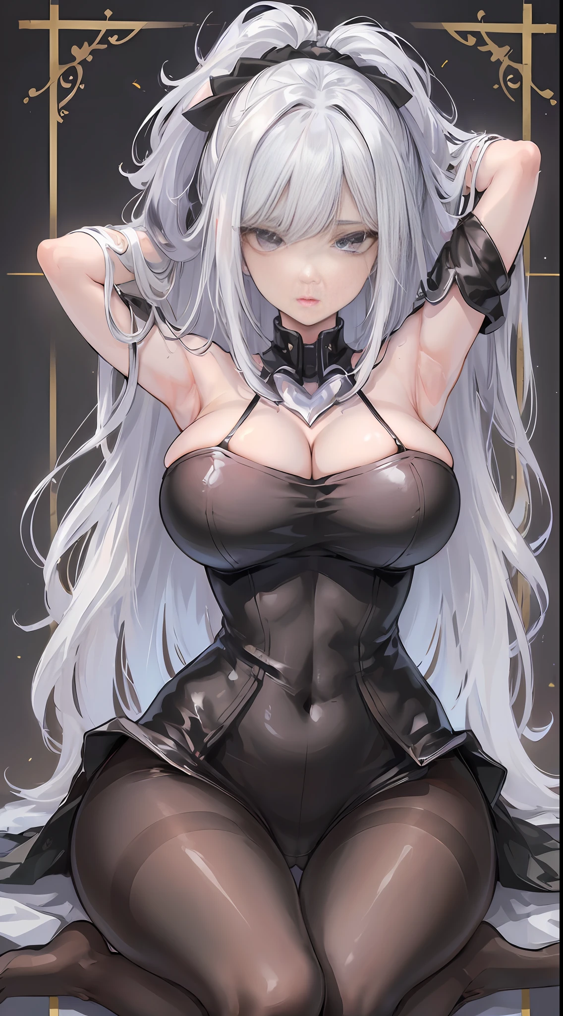 full body,(spread legs:1.5),Cinematic Lighting,(arms behind head:1.5),look at viewer,(shiny skin:1.2),shiny pantyhose,beautiful face, highly detailed,official art, extremely detailed CG unity 8k wallpaper,best quality,((masterpiece)),(Detailed eyes1.2),absurdres, incredibly absurdres, huge filesize,ultra-detailed, extremely detailed, beautiful detailed girl, beautiful detailed eyes,1girl,solo,kawaii,bare_shoulders,(off-shoulder shirt:1.2),microskirt,((black pantyhose)),(black legwear:1.2),heart in eye,long hair,(white hair:1.2),streaked hair,messy_hair,(huge:1.2) breasts,hair_bow,collar,Thick coating