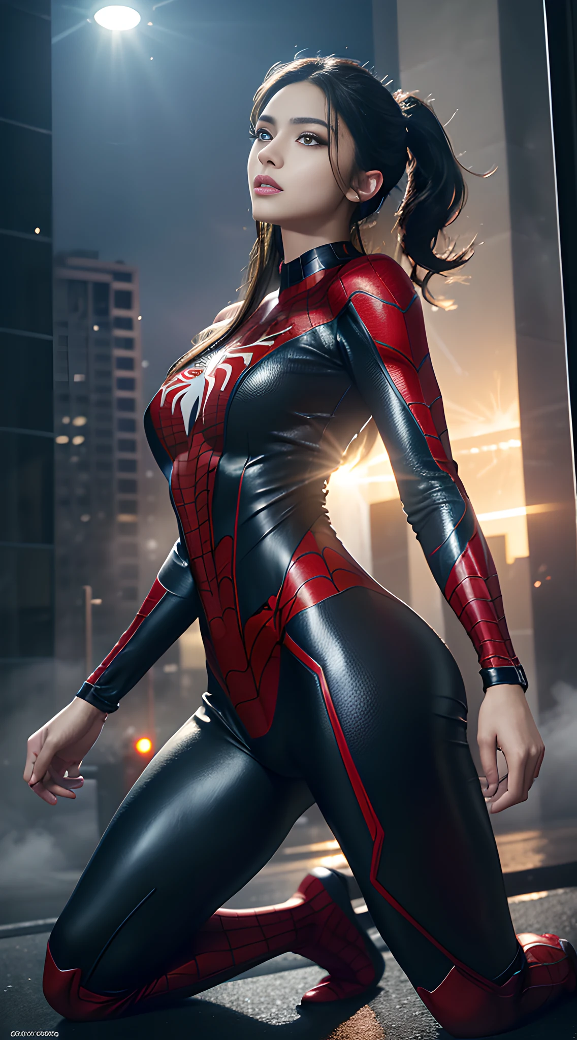 RAW, Masterpiece, Super Fine Photo,, Best Quality, Ultra High Resolution, Photorealistic, Sunlight, Full Body Portrait, Stunningly Beautiful, Dynamic Poses, Delicate Face, Vibrant Eyes, (Side View) , she is wearing a futuristic Iron Lady Spiderman costume, very detailed background, detailed face, detailed and complex busy background, messy, gorgeous, milky, high detailed skin, realistic skin details, visible pores, sharp focus, Volumetric fog, 8k uhd, dslr, high quality, film grain, fair skin, photorealism, lomography, sprawling metropolis in a futuristic dystopia, view from below, translucent