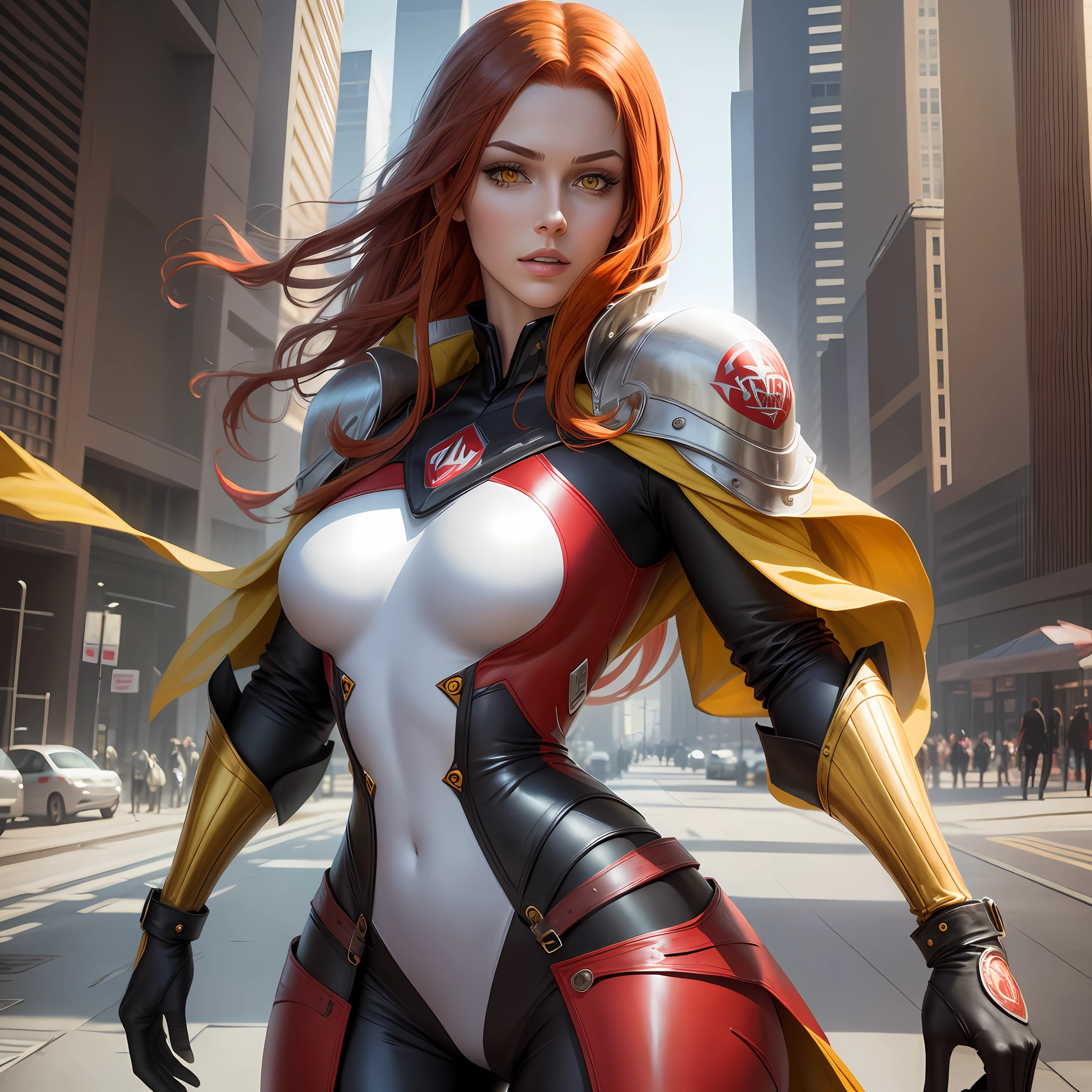 Beautiful tall woman with red hair and yellow eyes super realistic and well detailed suit outfit