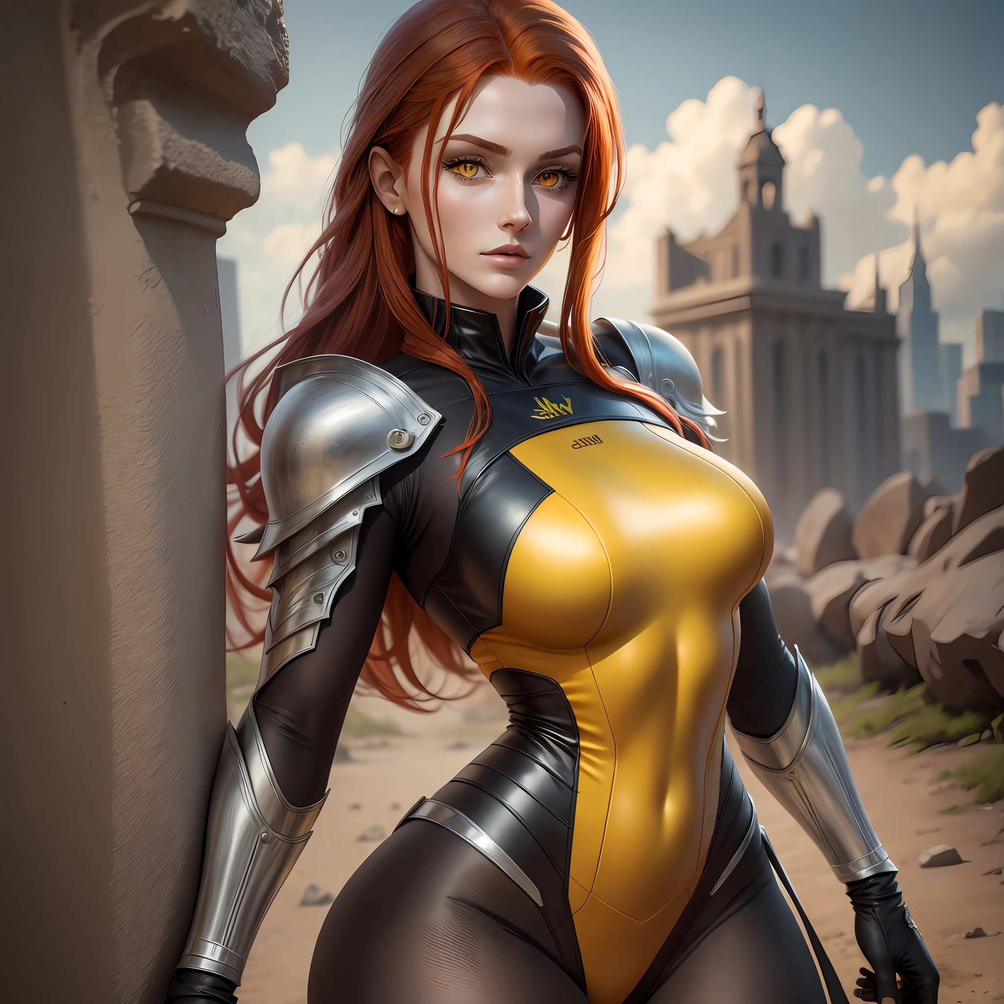 Beautiful tall woman with red hair and yellow eyes super realistic and well detailed suit outfit