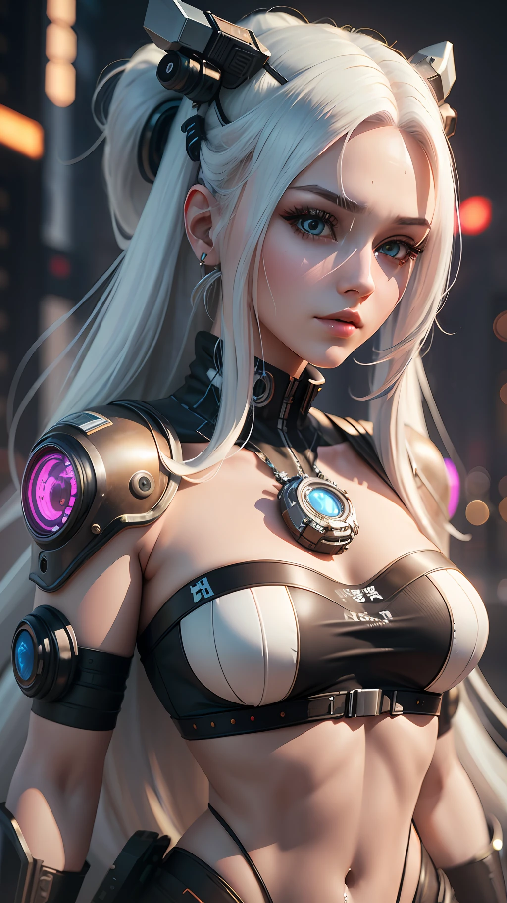 ((Best quality)), ((masterpiece)), (detailed: 1.4), 3D, cyberpunk, a beautiful woman with long white hair