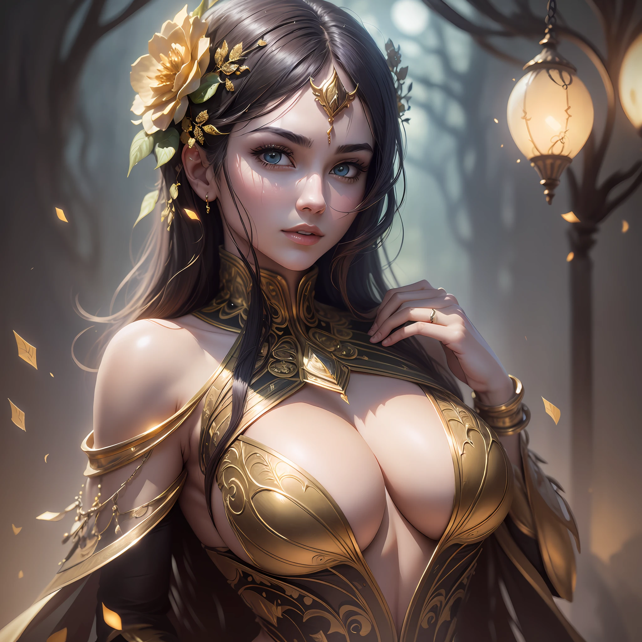 Highly detailed RAW color photo, beautiful girl, Golden suit with black details, dynamic pose, (wide hips), (detailed skin), (detailed lips), (detailed eyes), (Tartarus: 1.4), (moon: 1.1), (science fiction setting) (detailed face), (curvy), detailed eyes, chromatic aberration, dark forest, realistic fog, excellent setting, depth of field, soft lighting, masterpiece, best quality, intricate, (lens reflection: 0.7), (flowering: 0.7), particle effects, ray tracing, tone mapping, highly detailed, concept art, smooth, sharp focus, dramatic lighting, highly detailed art, cinematic, hyper-realistic painting, trending on Artstation, 8K, amazing shadows, realistic, (highly detailed background: 1.2), mid-journey art