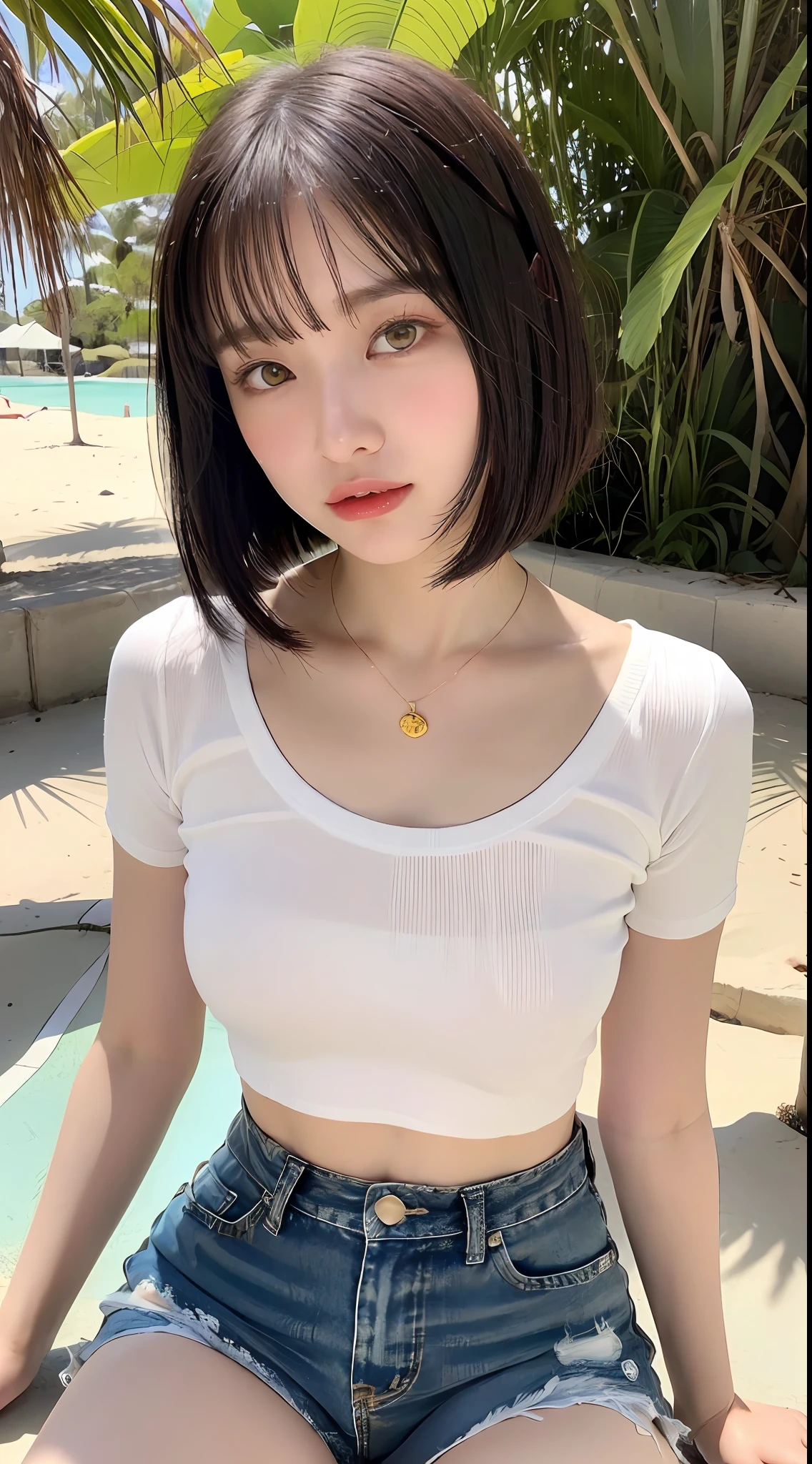 ((Realistic Sunshine, 8k, Top Quality, Masterpiece: 1.3)), (Realistic, Crisp Focus: 1.2), Very Delicate and Cute Japan Girl: 1.4, (1 Girl)), Perfect Style, Ultra Detailed, High Resolution, (Short Sleeves, Cutoff Shorts: 1.1), (Black Hair, Short Hair, Bob Cut: 1.2), (Medium, Full Body: 1.3), Highly Detailed Face and Skin Texture, Beautiful detailed eyes, face light, nose blush, blue pupils, green pupils, red lips, eye makeup, slender abs: 1.2, shiny skin, necklace, earrings, tattoo, beach, outdoor, realistic shadows,